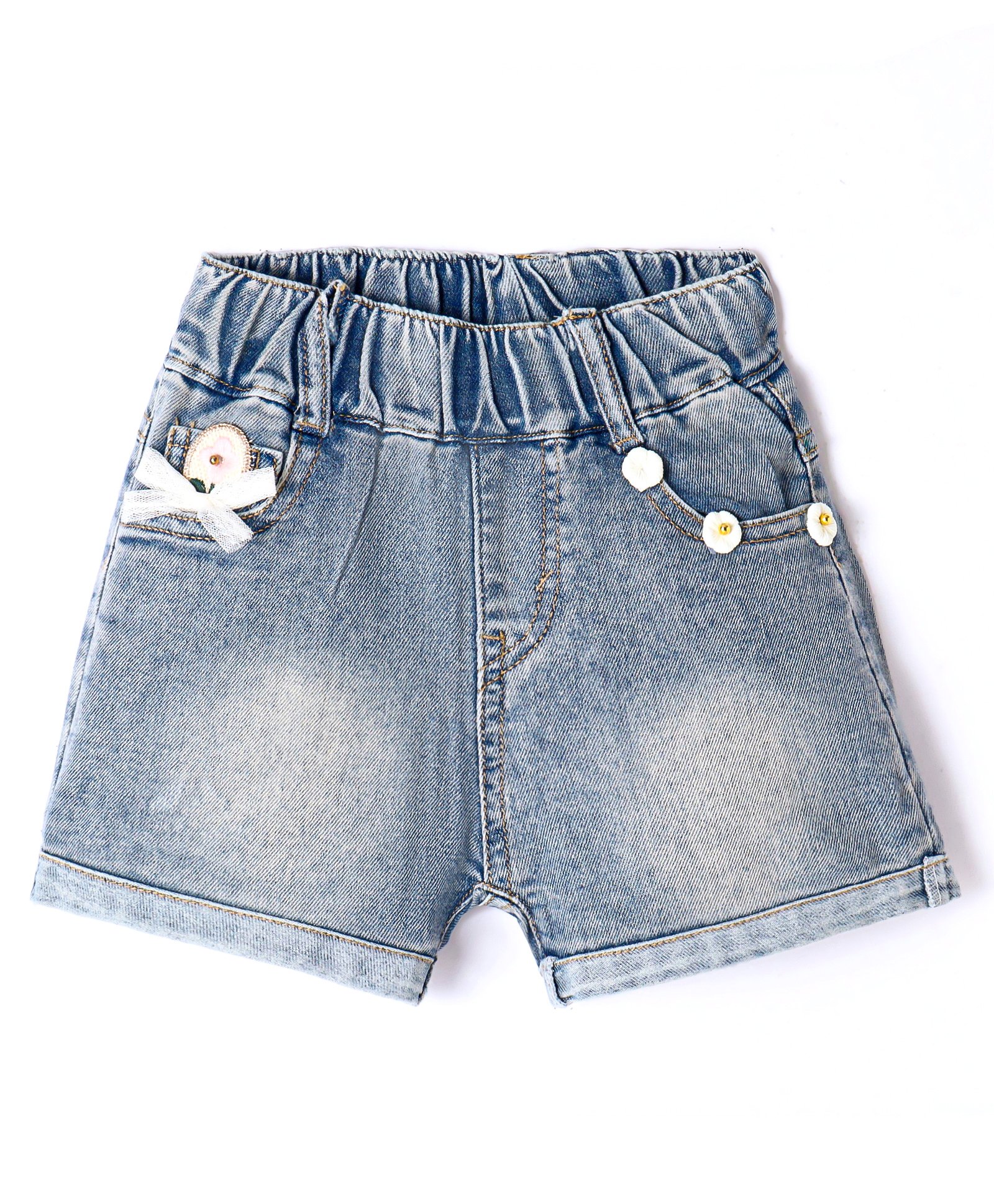 Kookie Kids Solid Shorts with Bow & Floral Applique - Blue-picture-12