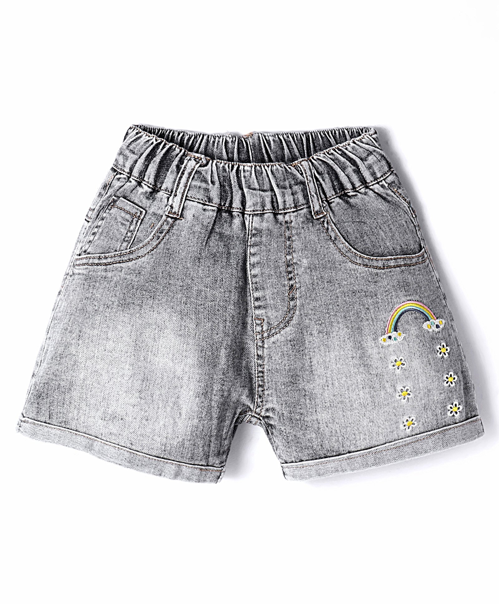 Kookie Kids Solid Shorts with Floral & Rainbow Embroidery - Black-image-1