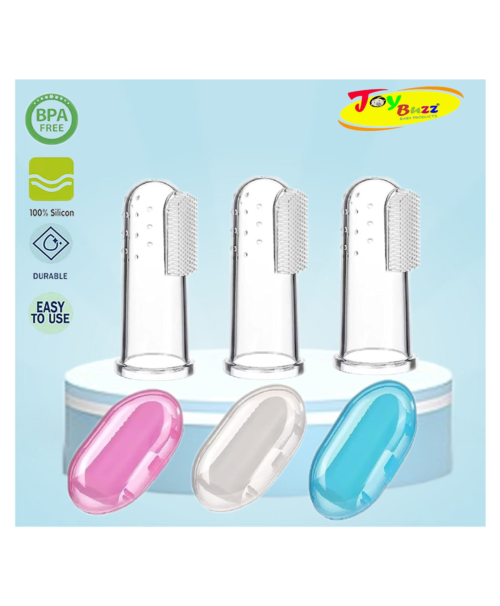 Joy Buzz Baby Silicone Fingure Brush With Case Pack of 3 - Blue White Pink-image-9