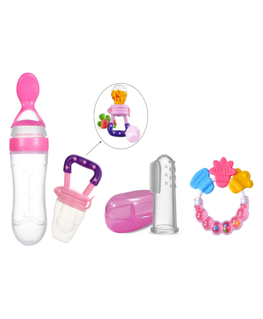 Joy Buzz Combo of Silicone Squeezy Food Feeder Bottle With Spoon Rattle Teether Soft Silicone Finger Toothbrush and Silicone Rattle Fruit And Food Nibbler - Pink-picture-35