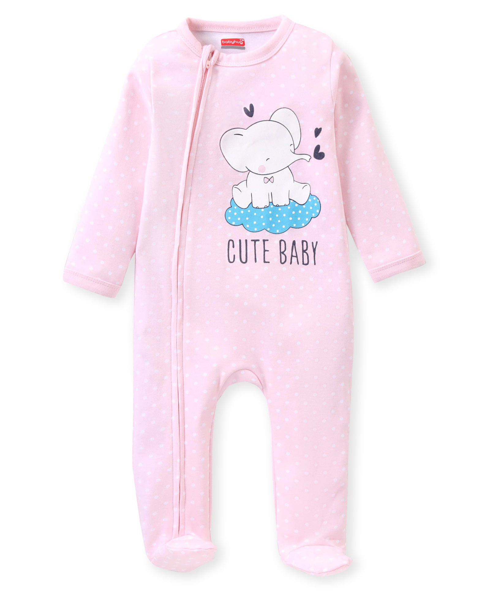 Babyhug Interlock Knit Full Sleeves Sleepsuit with Elephant Print - Pink-picture-29
