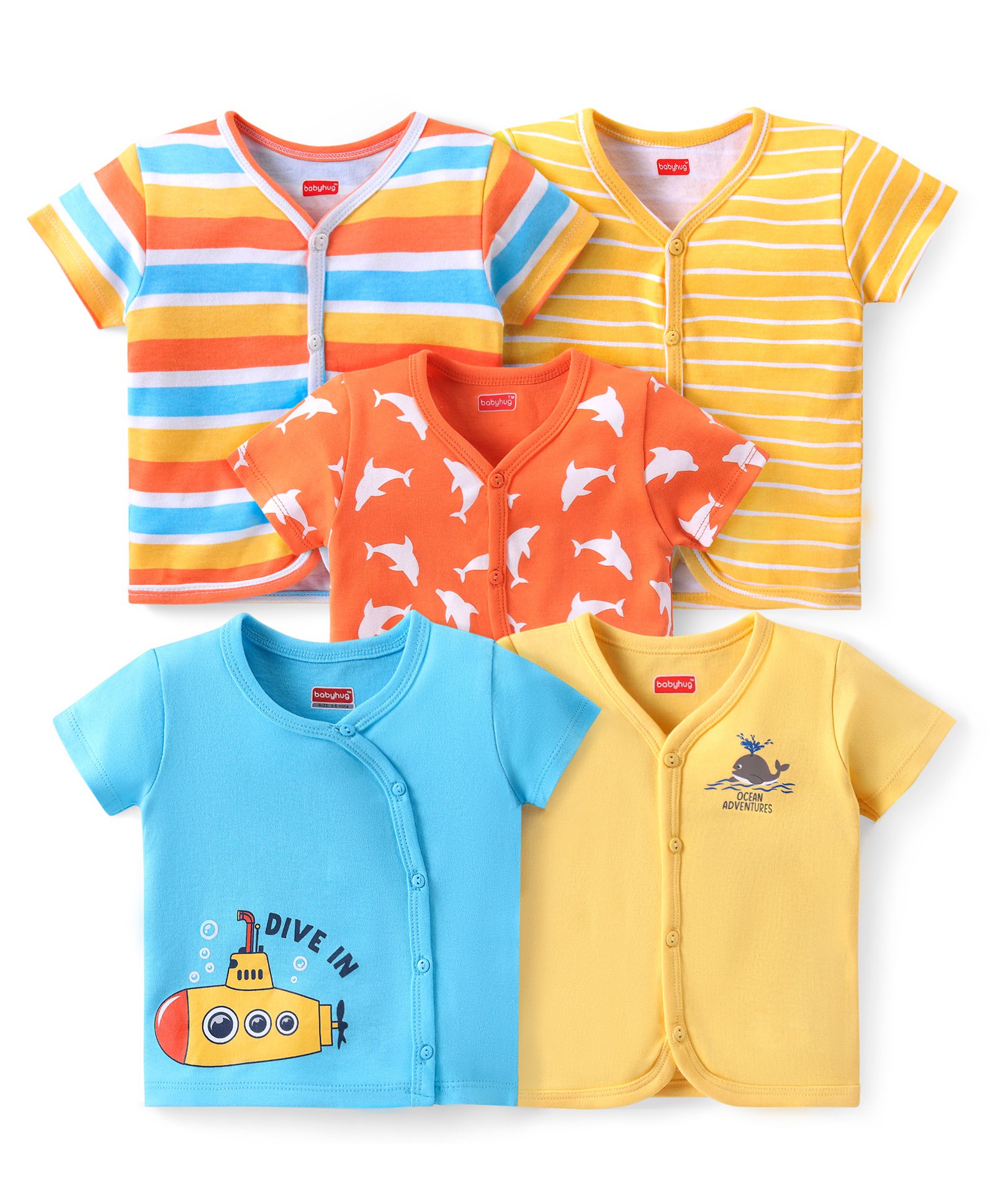 Babyhug 100% Cotton Knit Antibacterial Vest with Dolphin & Striped Print Pack of 5 - Multicolour-image-31