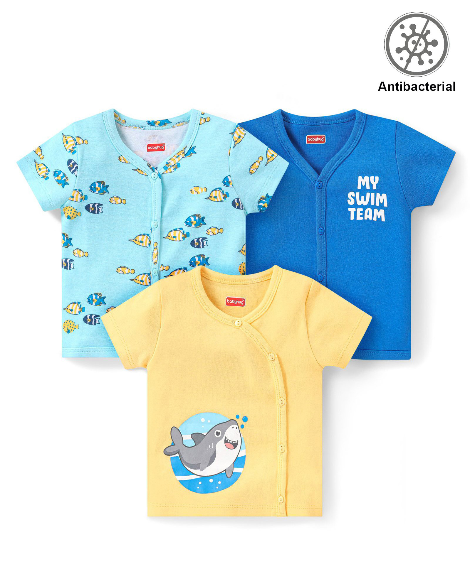 Babyhug 100% Cotton Knit Half Sleeves Antibacterial Set of Vest with Fish & Text Print Pack of 3 - Multicolour-image-18