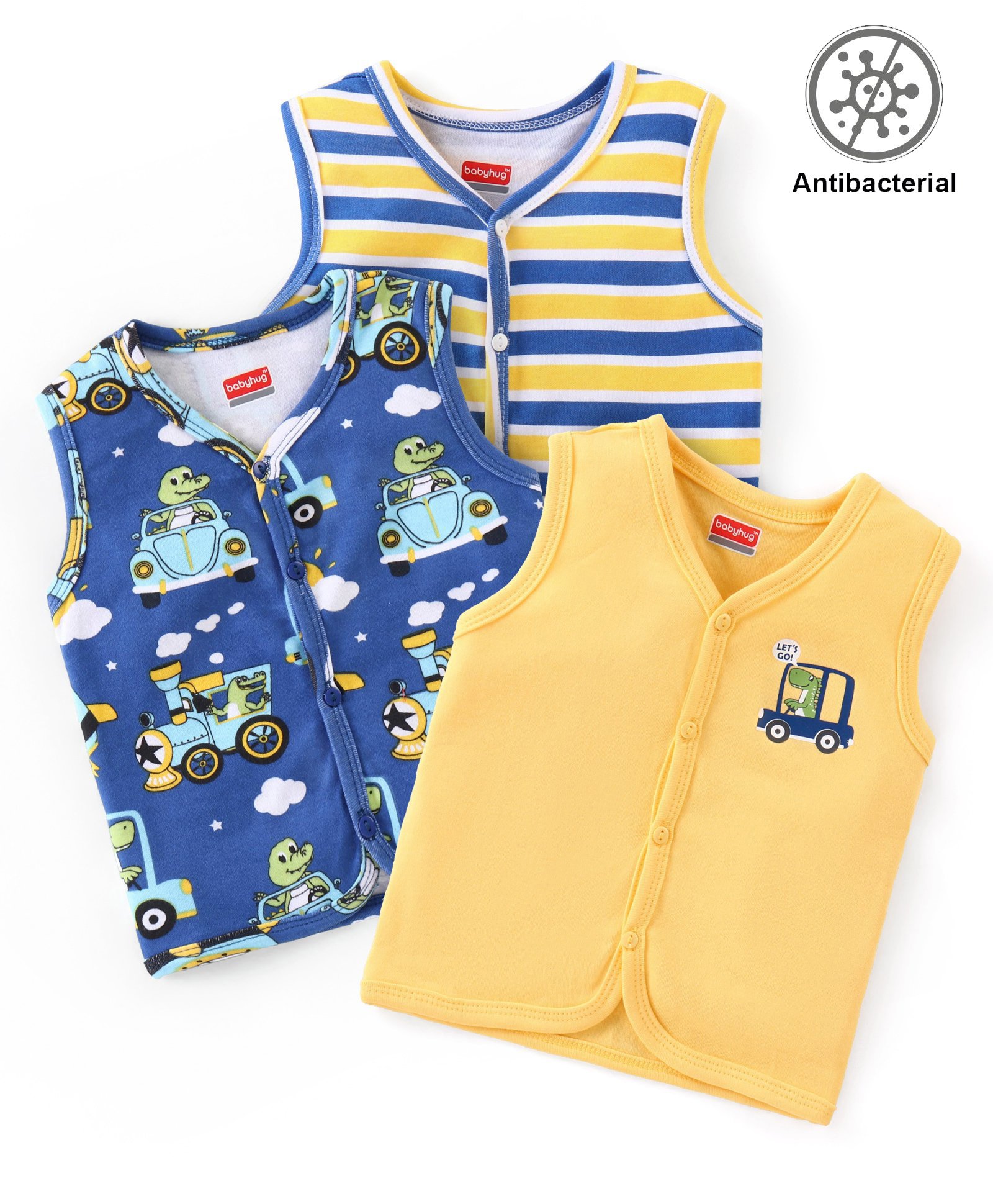 Babyhug 100% Cotton Knit Sleeveless Antibacterial Set of Vests Striped Car & Crocodile Print Pack of 3 - Multicolour-picture-10