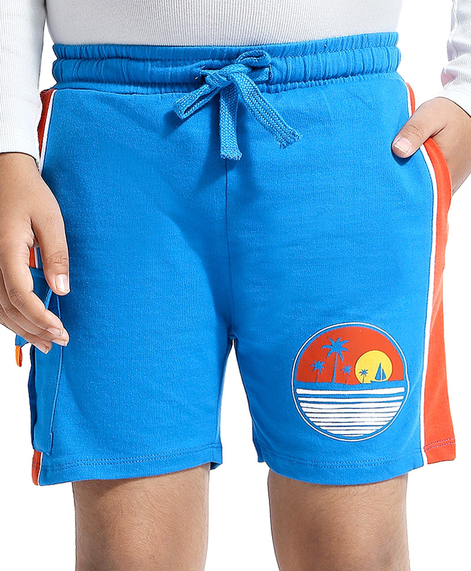 Honeyhap Premium Terry 100% Cotton Above Knee Length Shorts  With Bio Finish Tropical Print - Indigo & Spicy Orange-picture-18