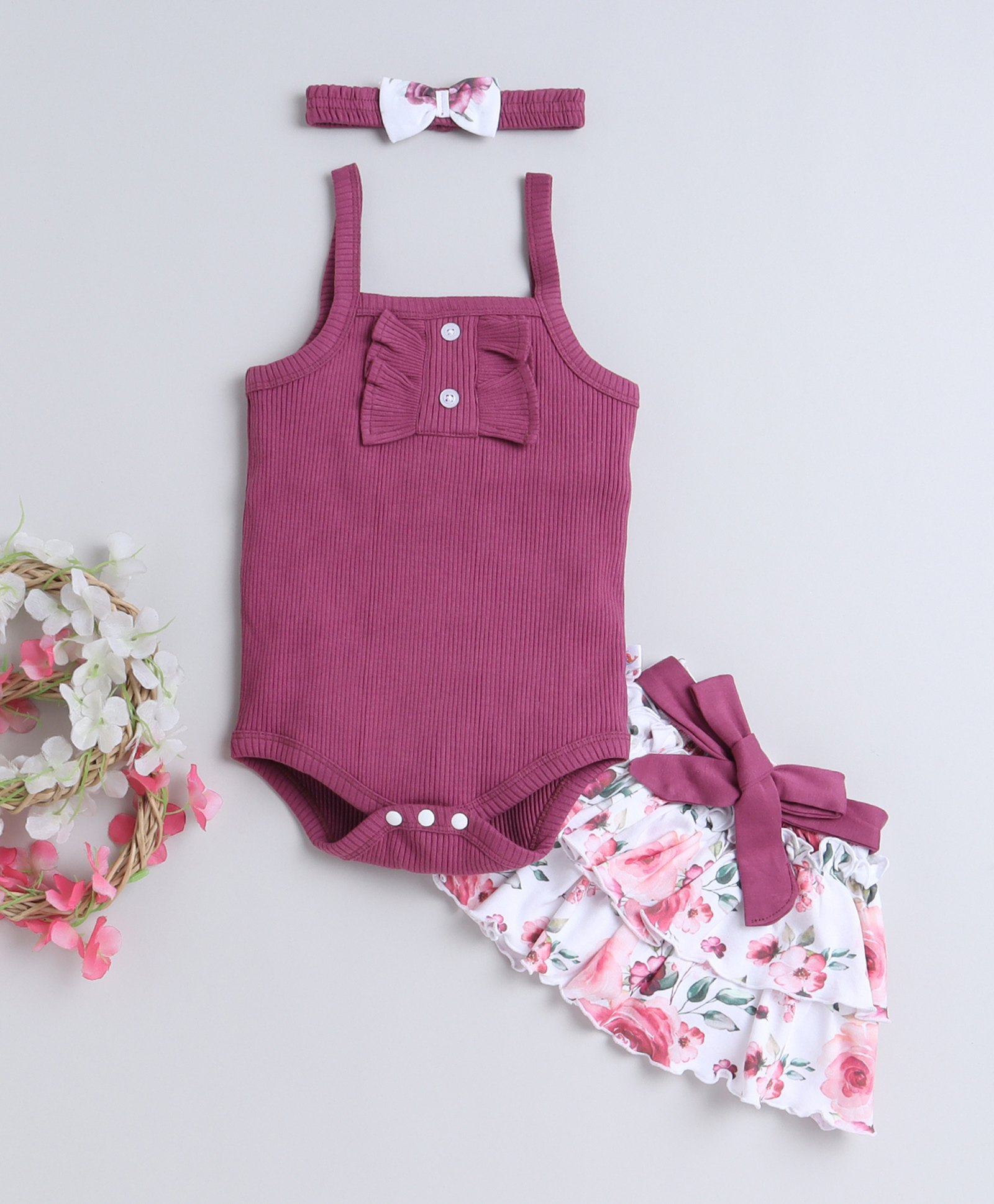 BUMZEE Cotton Sleeveless Floral Printed Onesie & Skirt Set With Headband - Mauve & White-image-23