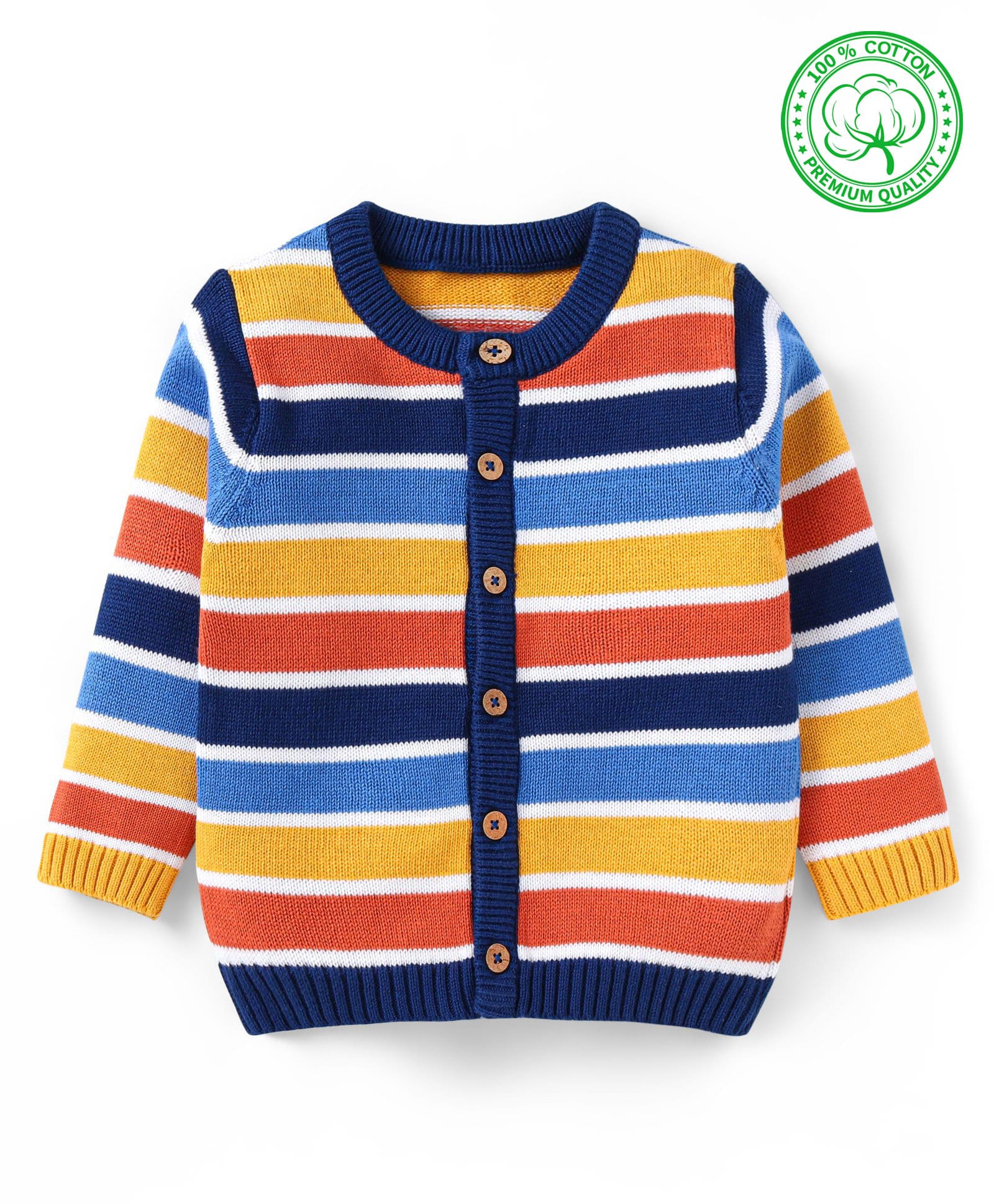 Babyhug Cotton Knitted Full Sleeves Front Open Striped Sweater - Navy Blue-image-35