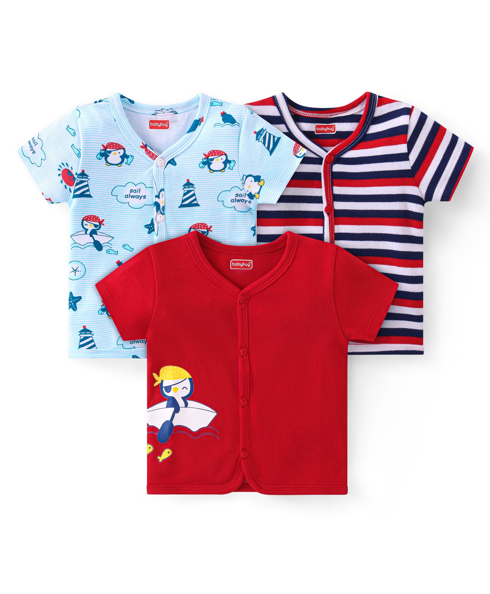 Babyhug 100% Interlock Cotton Knit Half Sleeves Front Open Antibacterial Vests with Stripes & Penguin Print Pack of 3 - Blue & Red-image-48