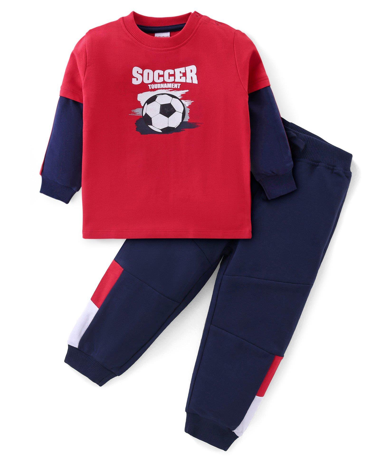 Babyhug Cotton Knit Full Sleeves T-Shirt & Lounge Pants Set With Soccer Print - Red & Navy-picture-24