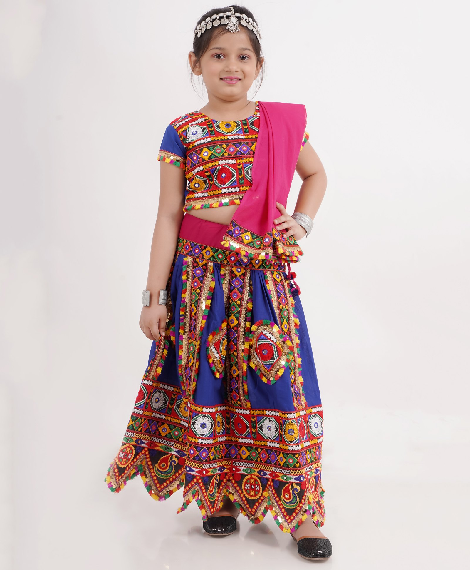 Banjara India Half Sleeves Kutch Work Embroidered & Mirror Work Embellished Coordinating Lehenga Choli Set - Blue-picture-12