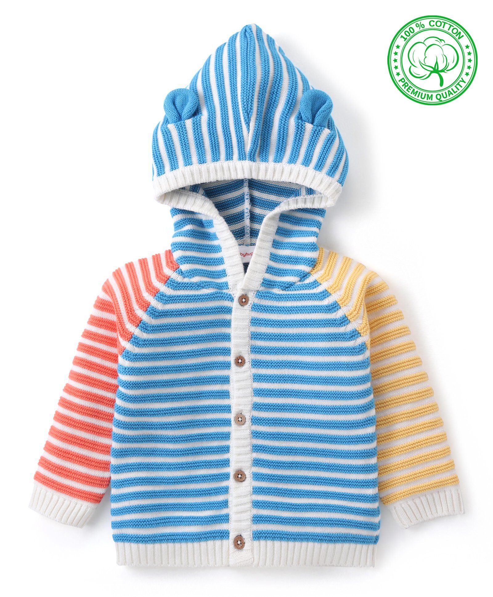 Babyhug Knitted Full Sleeves Front Open Hooded Striped Sweater - Multicolour-image-31