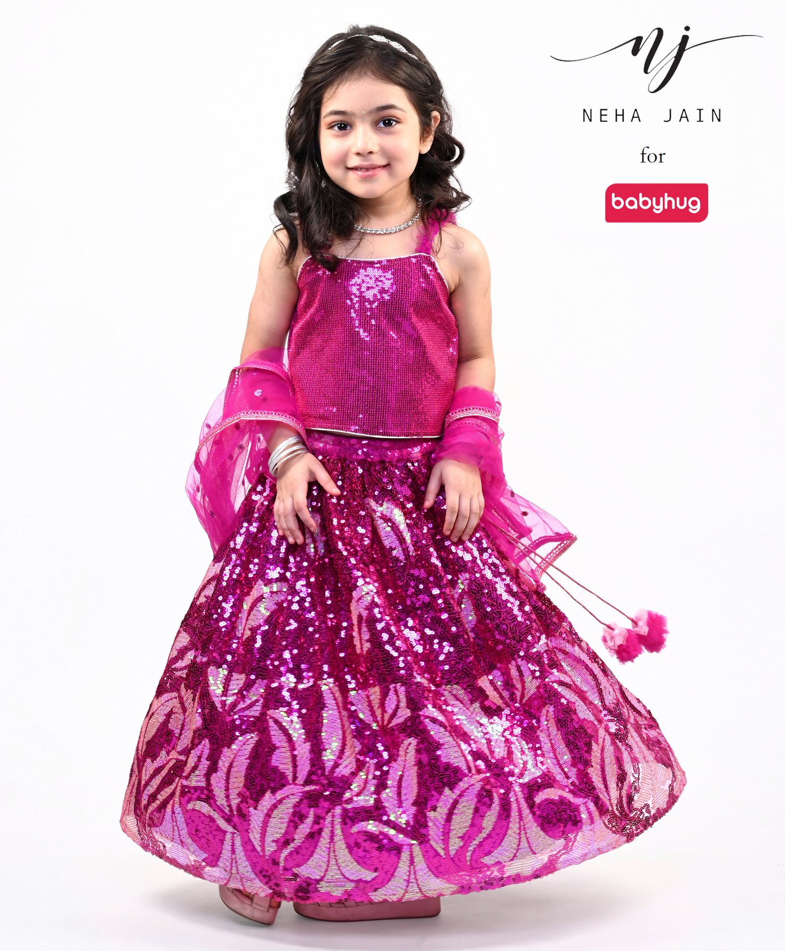 Babyhug Sleeveless Sequined Embroidered Choli & Lehenga Set with Frilled Dupatta - Fuschia-picture-25