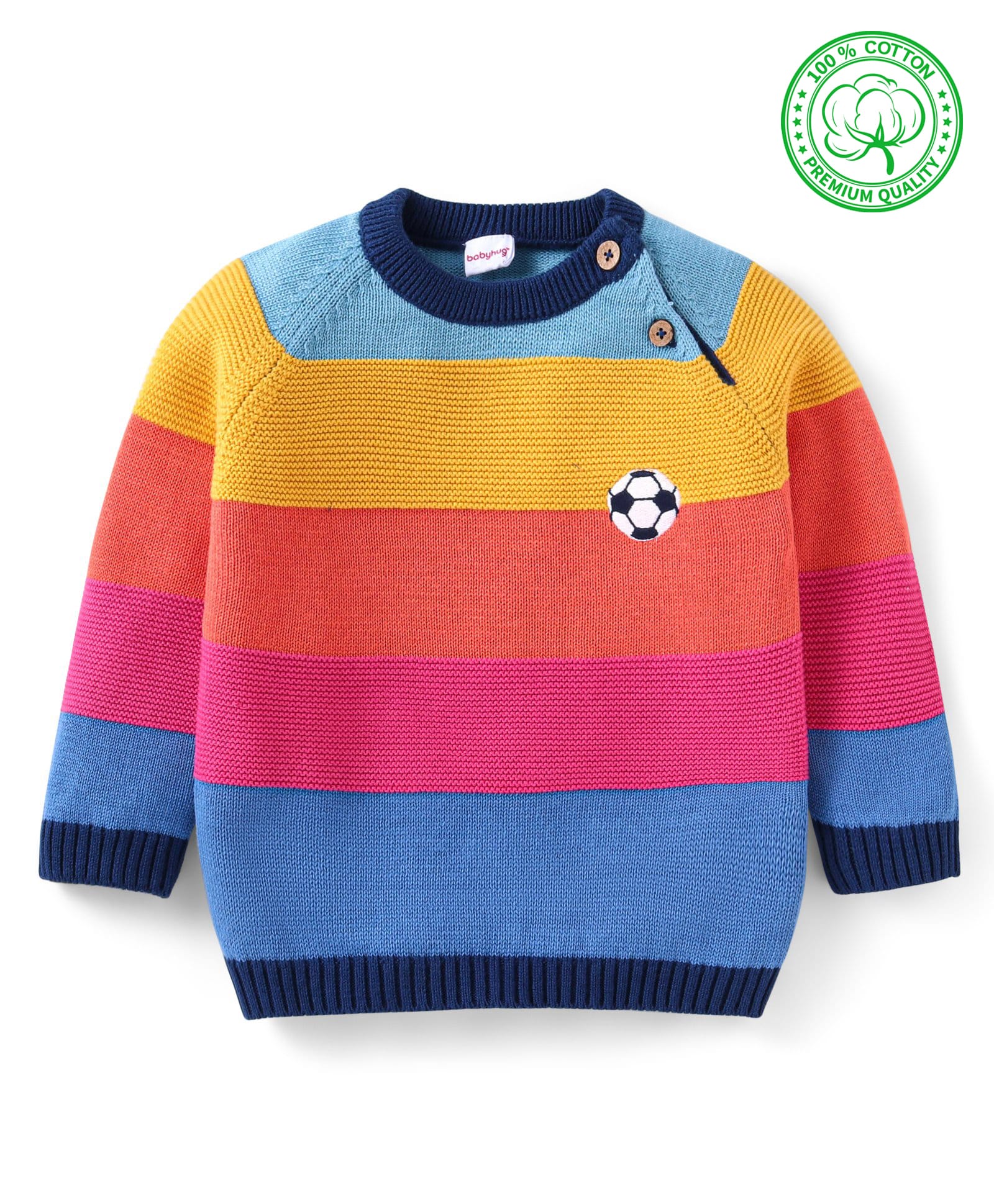 Babyhug Cotton Knitted Full Raglan Sleeves Color Block Pullover Sweater - Blue Yellow & Pink-image-37
