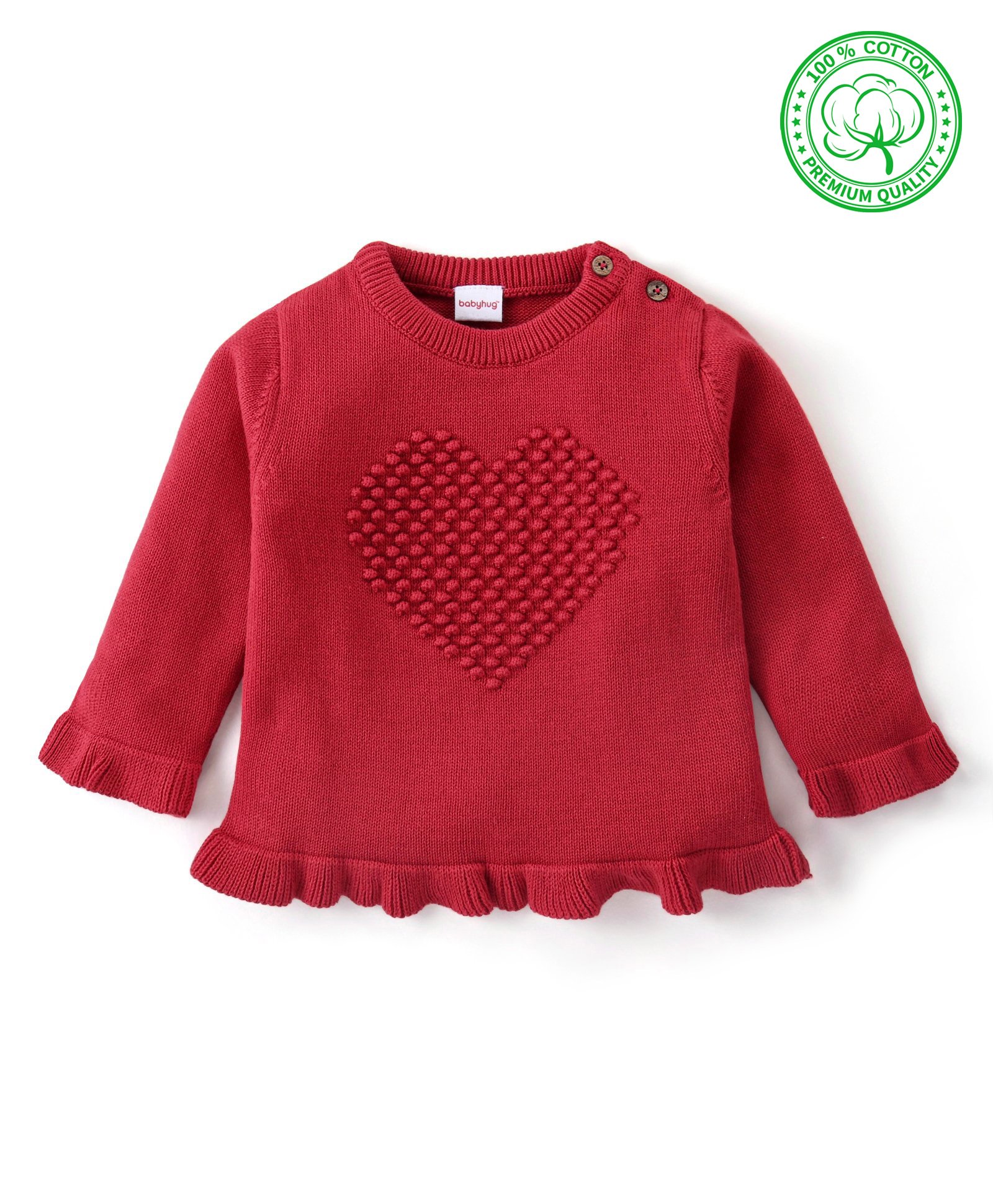 Babyhug Knitted Full Sleeves Sweater with Heart Cable Knit Design - Red