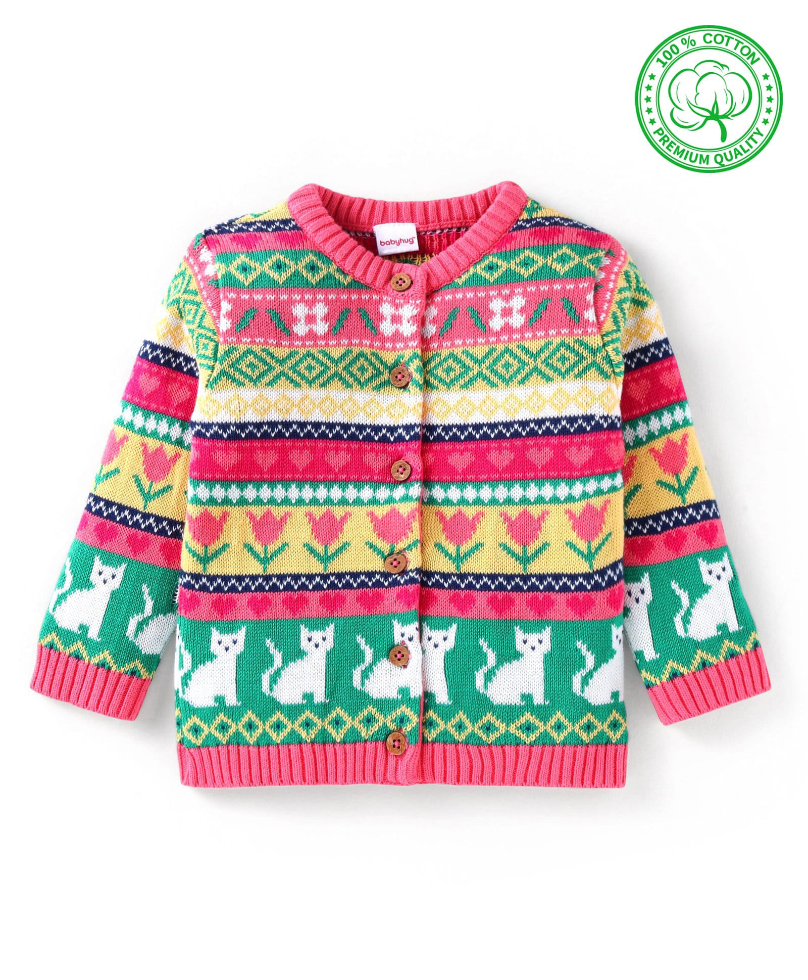 Babyhug Cotton Knitted Full Sleeves Front Open Sweater With Cat Design - Dark Pink-image-40
