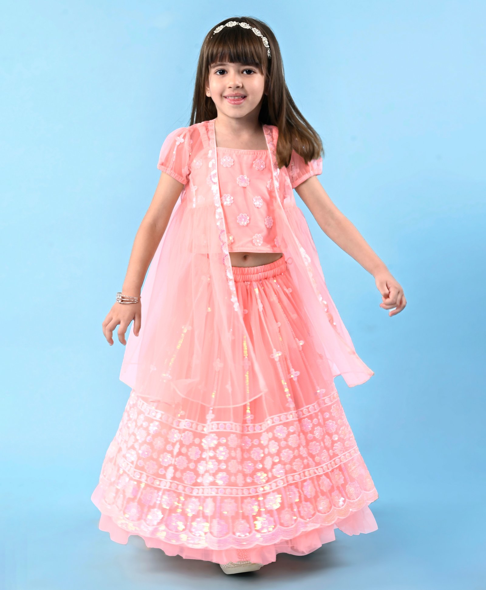 Babyhug Woven Singlet Choli With Sequenced Embroidered Lehenga & Short Sleeves Shrug - Hot Pink-image-2