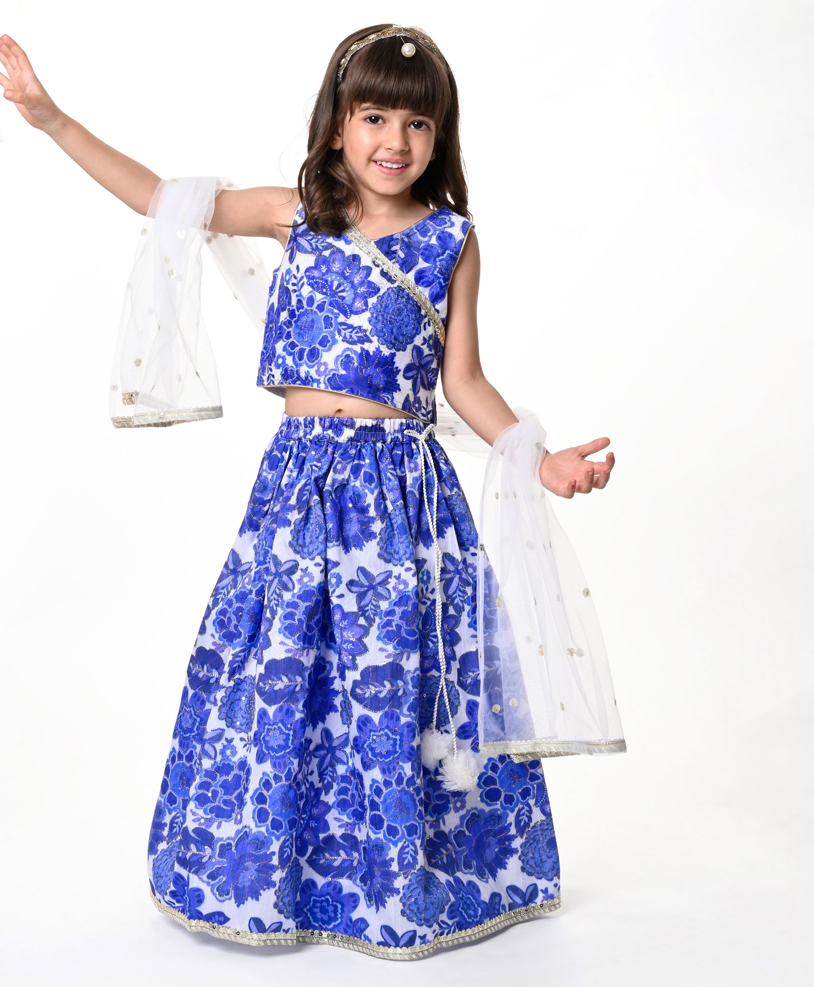 Babyhug Woven Sleeveless Embroidered Choli Lehenga Set with Dupatta Floral Print - Navy Blue-image-48