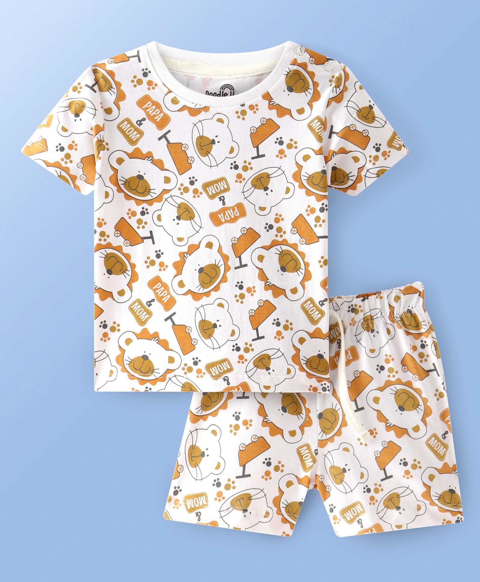 Doodle Poodle Cotton Half Sleeves Night Suit With Bear Print - White-image-12