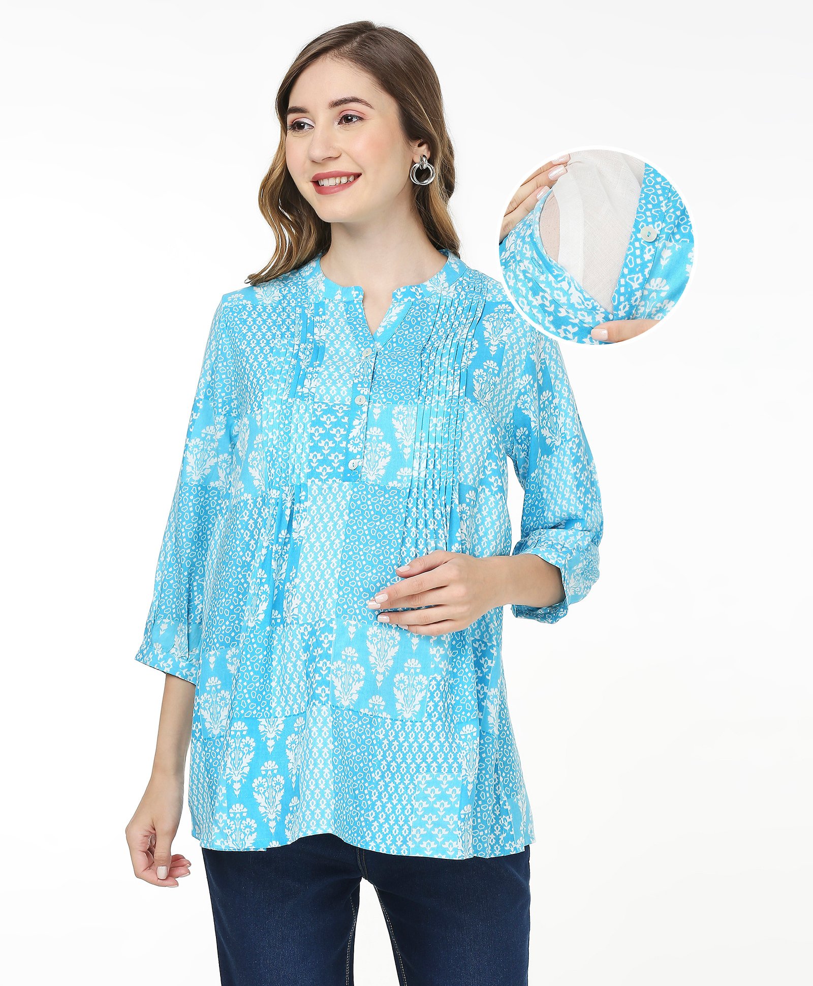 Bella Mama Woven Three Fourth Sleeves Maternity Top with Floral Print with Pintucks - Blue-picture-22