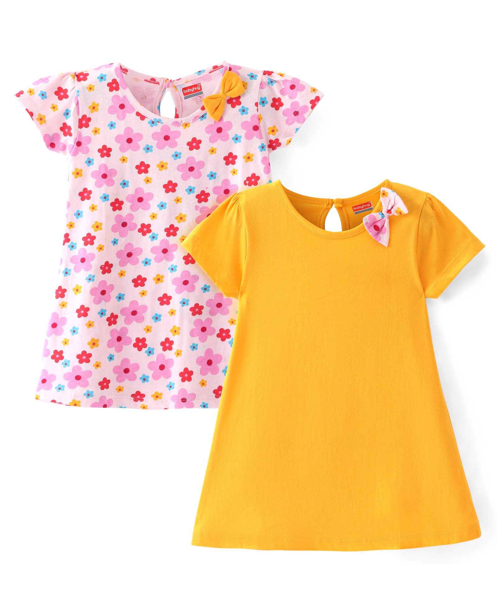 Babyhug Single Jersey Knit Half Sleeves Frocks With Floral Print & Bow Applique Pack of 2- Multicolor-image-18
