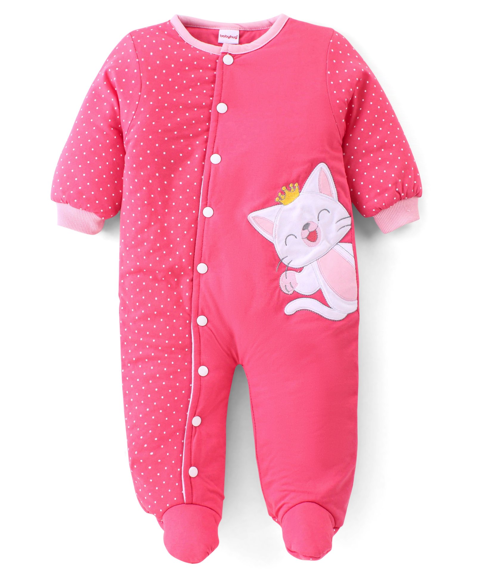 Babyhug Woven Full Sleeves Winter Wear Footed Romper with Polka Dots Print & Kitten Patch - Pink-image-20
