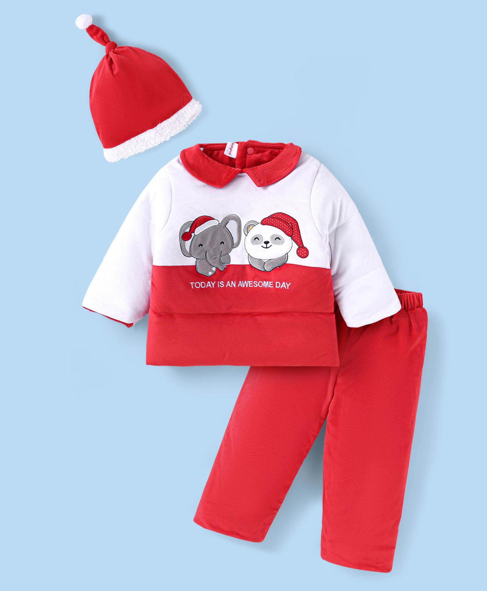 Babyhug Velour Woven Full Sleeves Collared Winter Wear Suit withAnimal Patch & Cap- Red-image-43
