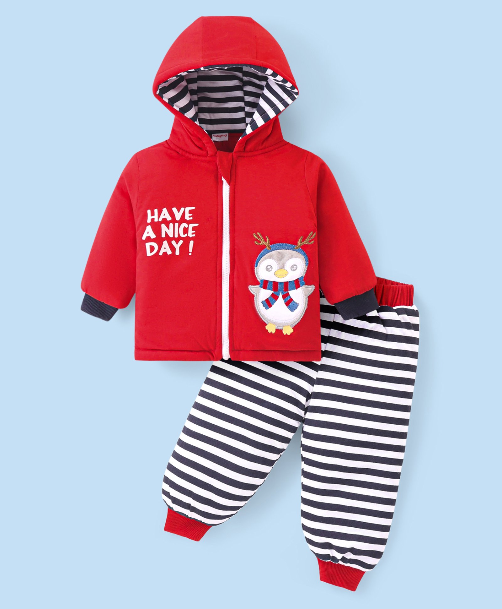 Babyhug Woven Full Sleeves Hooded Front Zipper Winter Wear Suit With Penguin Embroidery - Red-image-42