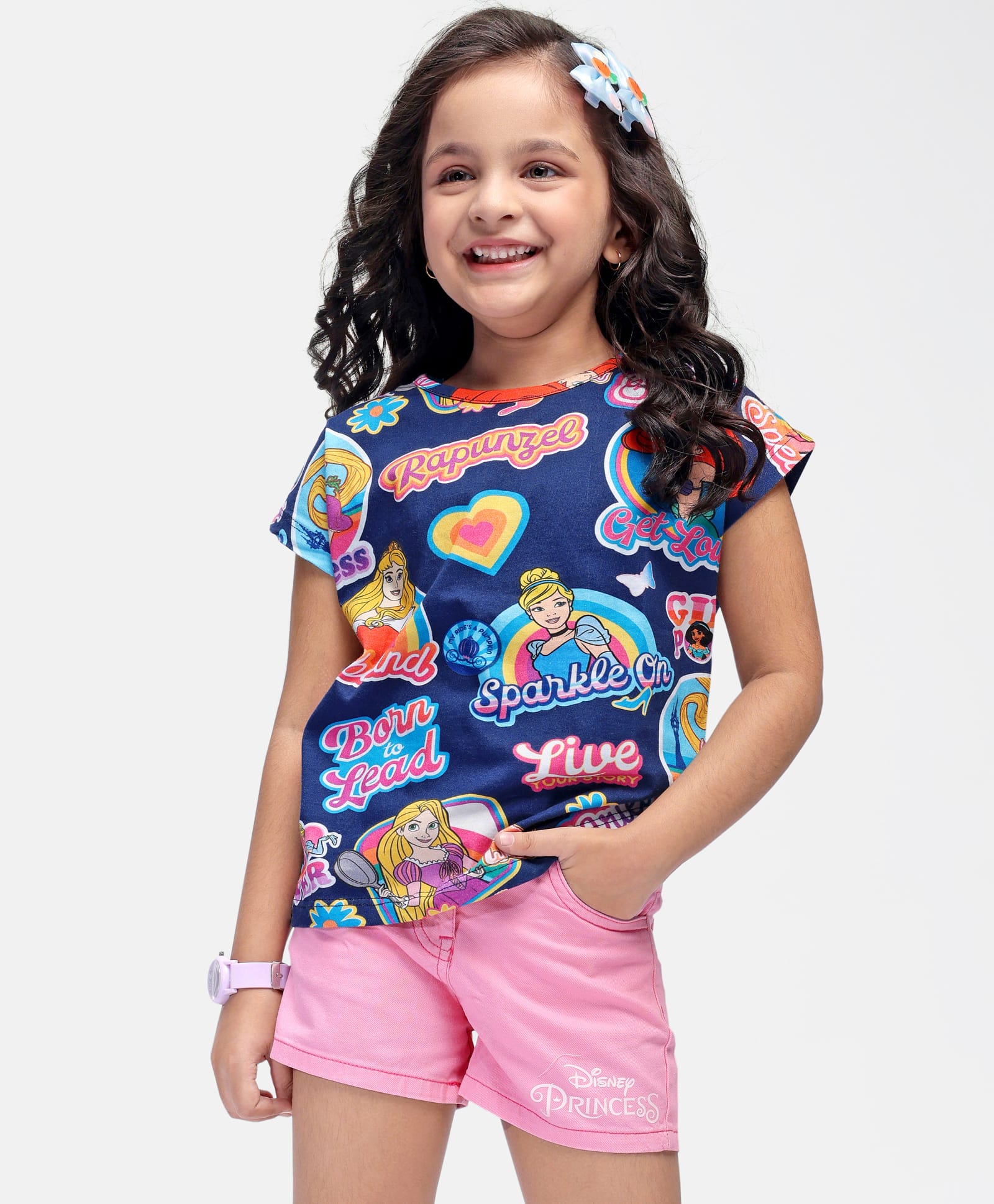 Babyhug Disney Single Jersey  Sleeveless T-Shirt & Shorts Set with Princess Graphics - Navy Blue & Pink-image-27