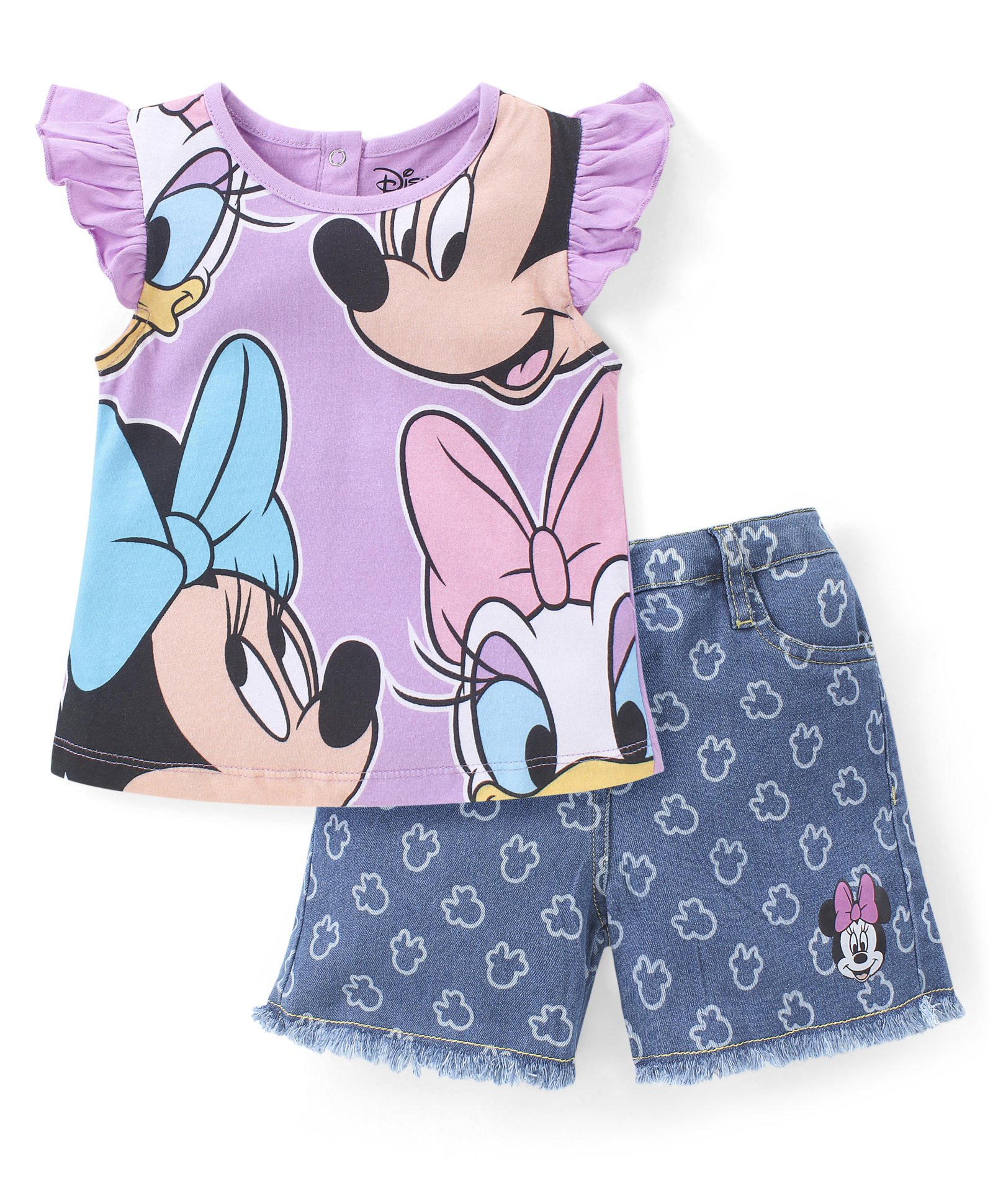 Babyhug Disney Cotton Knit Frill Sleeves Top & Denim Shorts Set With Minnie Mouse Graphic - Purple-picture-37