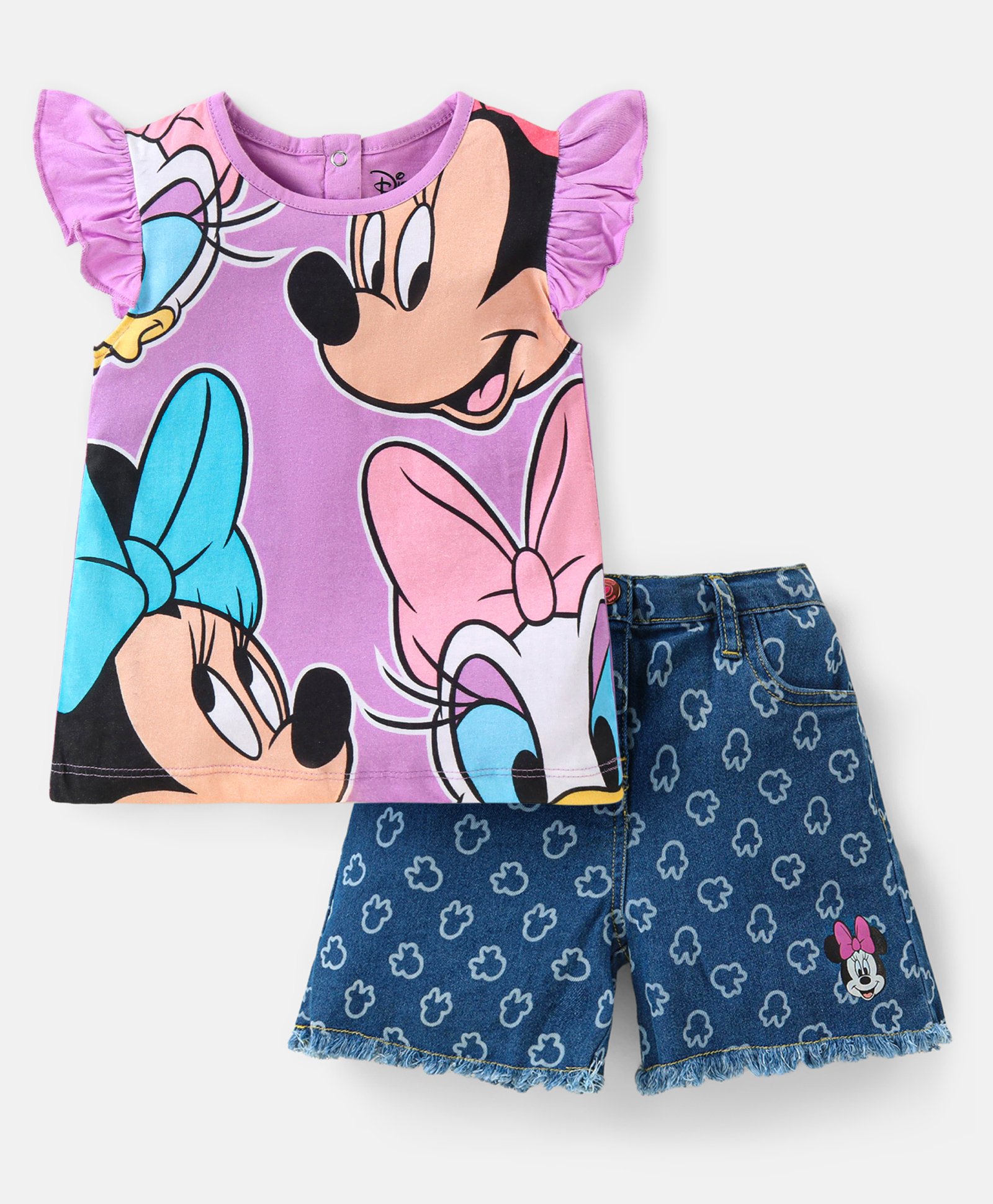 Babyhug Disney Cotton Knit Frill Sleeves Top & Denim Shorts Set With Minnie Mouse Graphic - Purple-picture-23