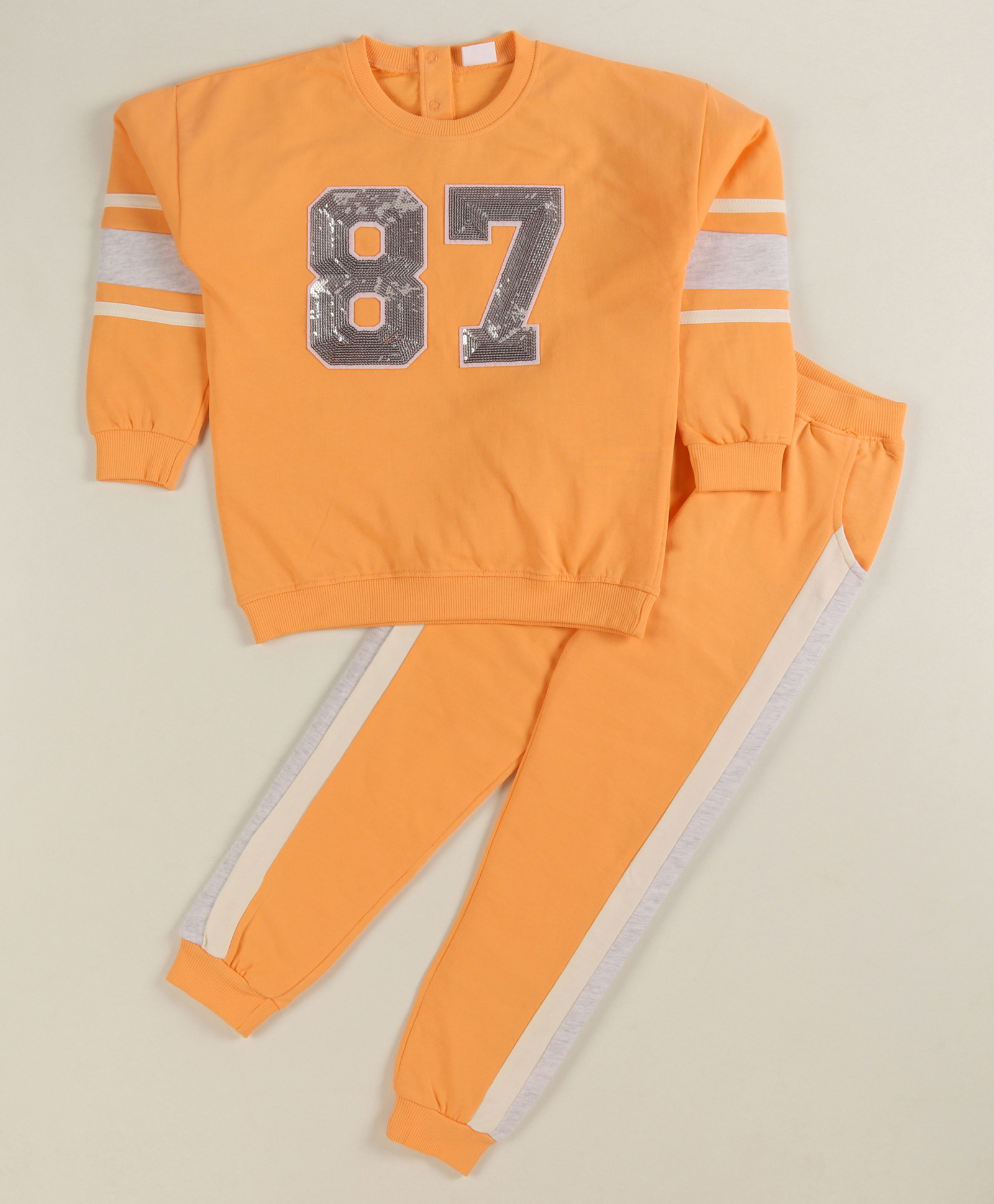 Babyhug Terry Cotton Knit Full Sleeves Top & Lounge Pants Set With Numbered Sequins - Orange & White-image-16