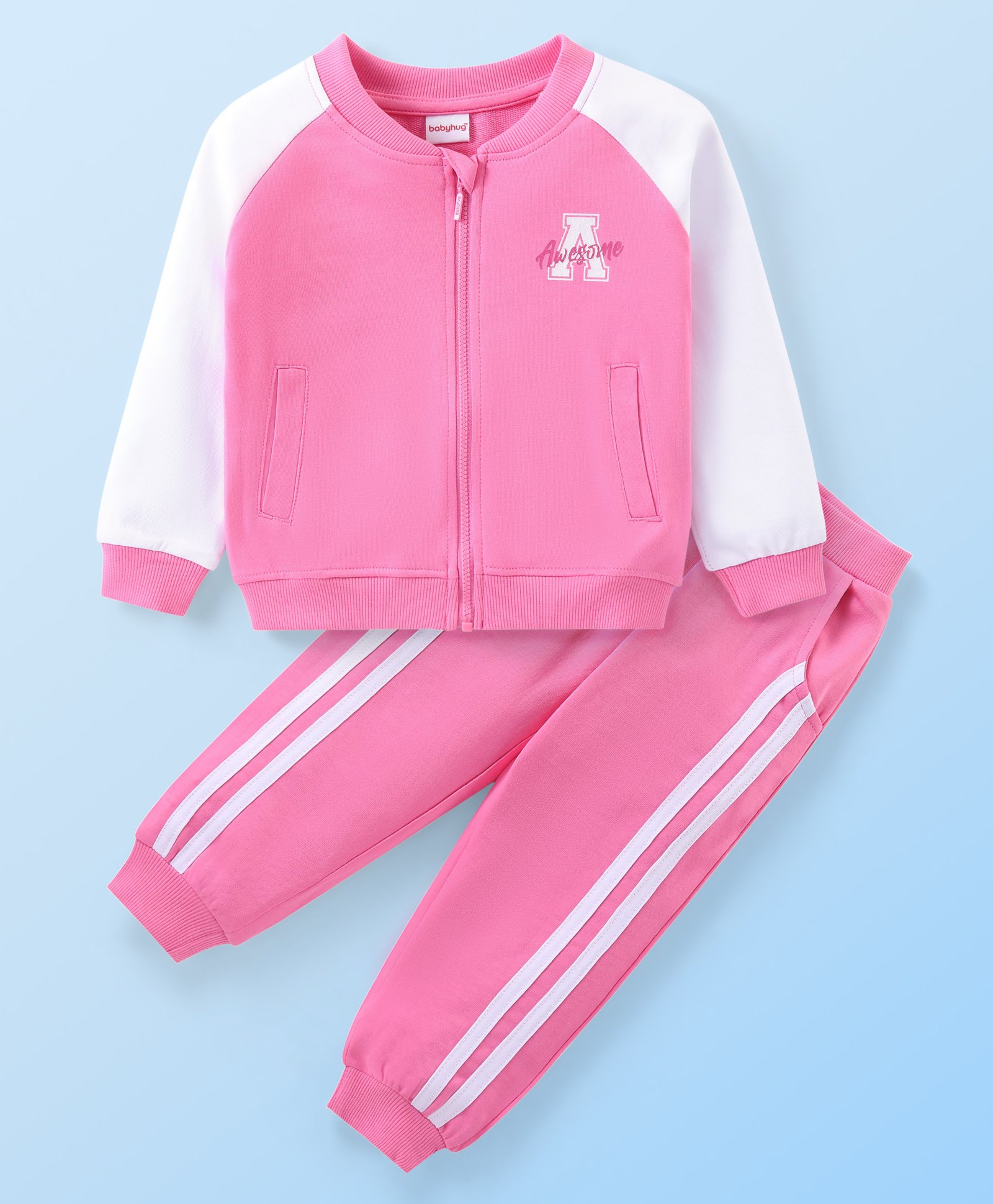 Babyhug Cotton Terry Knit Full Sleeves Jacket & Lounge Pants Set With Text Print - Pink & White-image-26