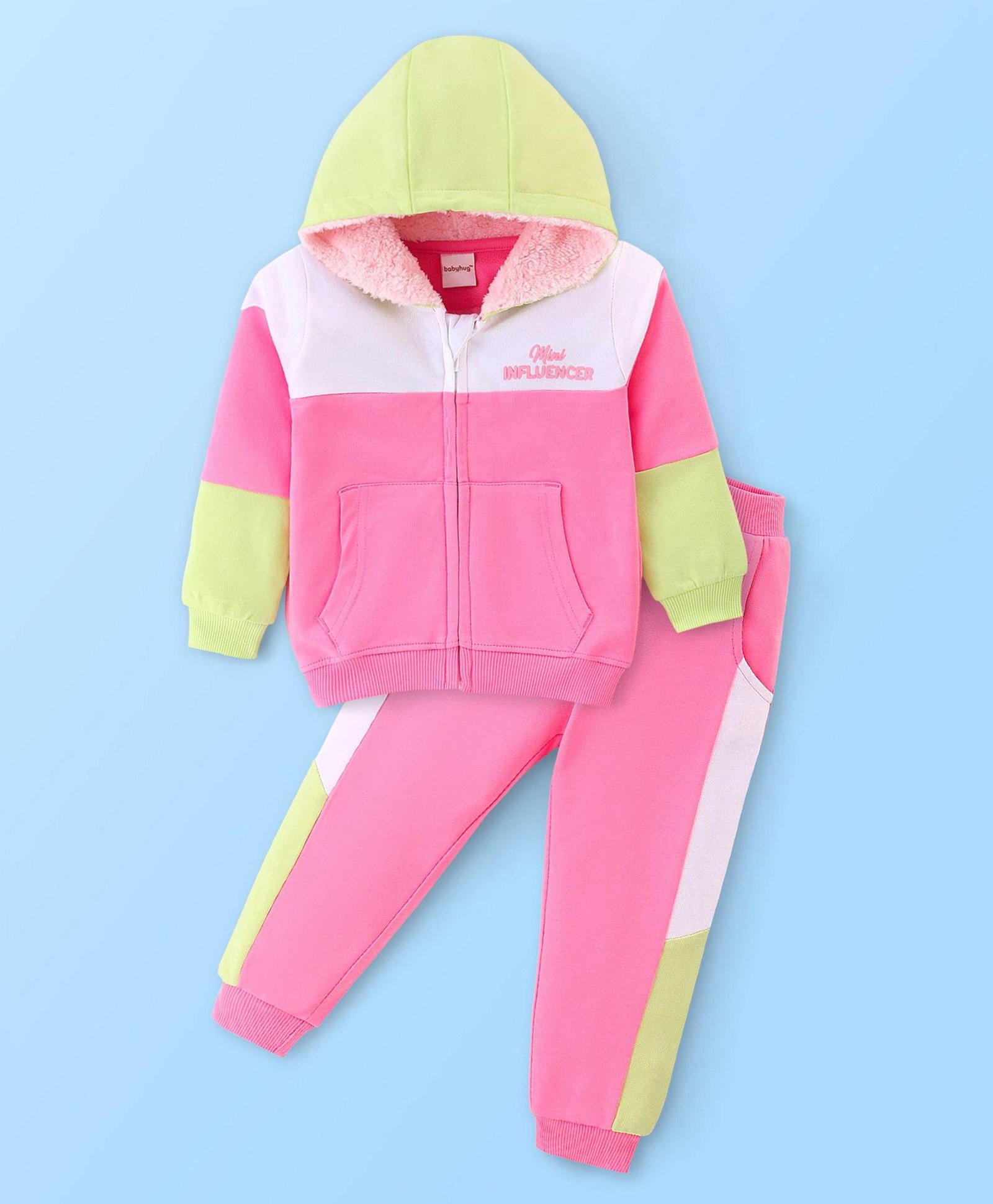 Babyhug Cotton Terry Knit Full Sleeves Hooded T-Shirt & Lounge Pants Set With Text Print - Pink & White-picture-14