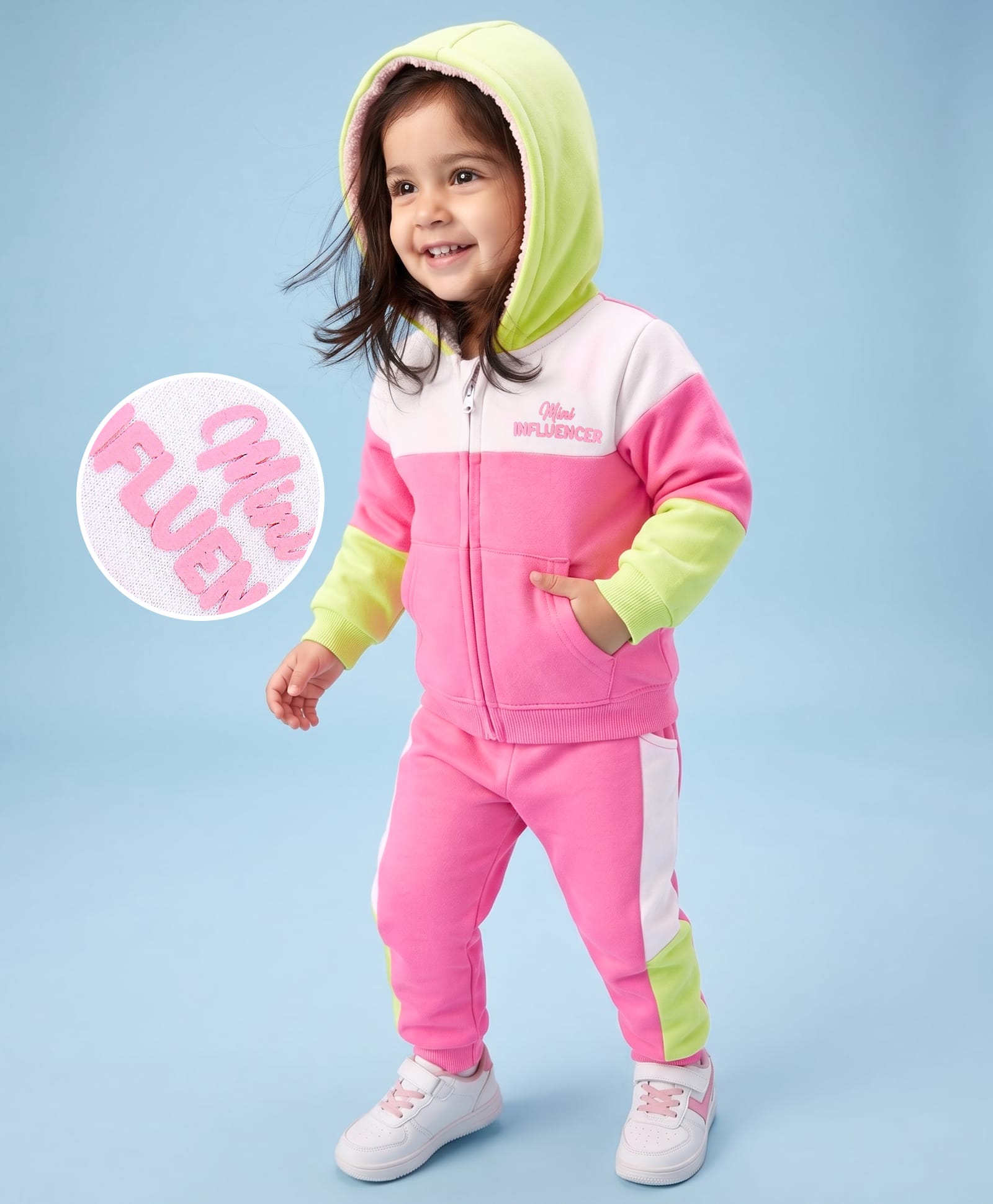 Babyhug Cotton Terry Knit Full Sleeves Hooded T-Shirt & Lounge Pants Set With Text Print - Pink & White-picture-16