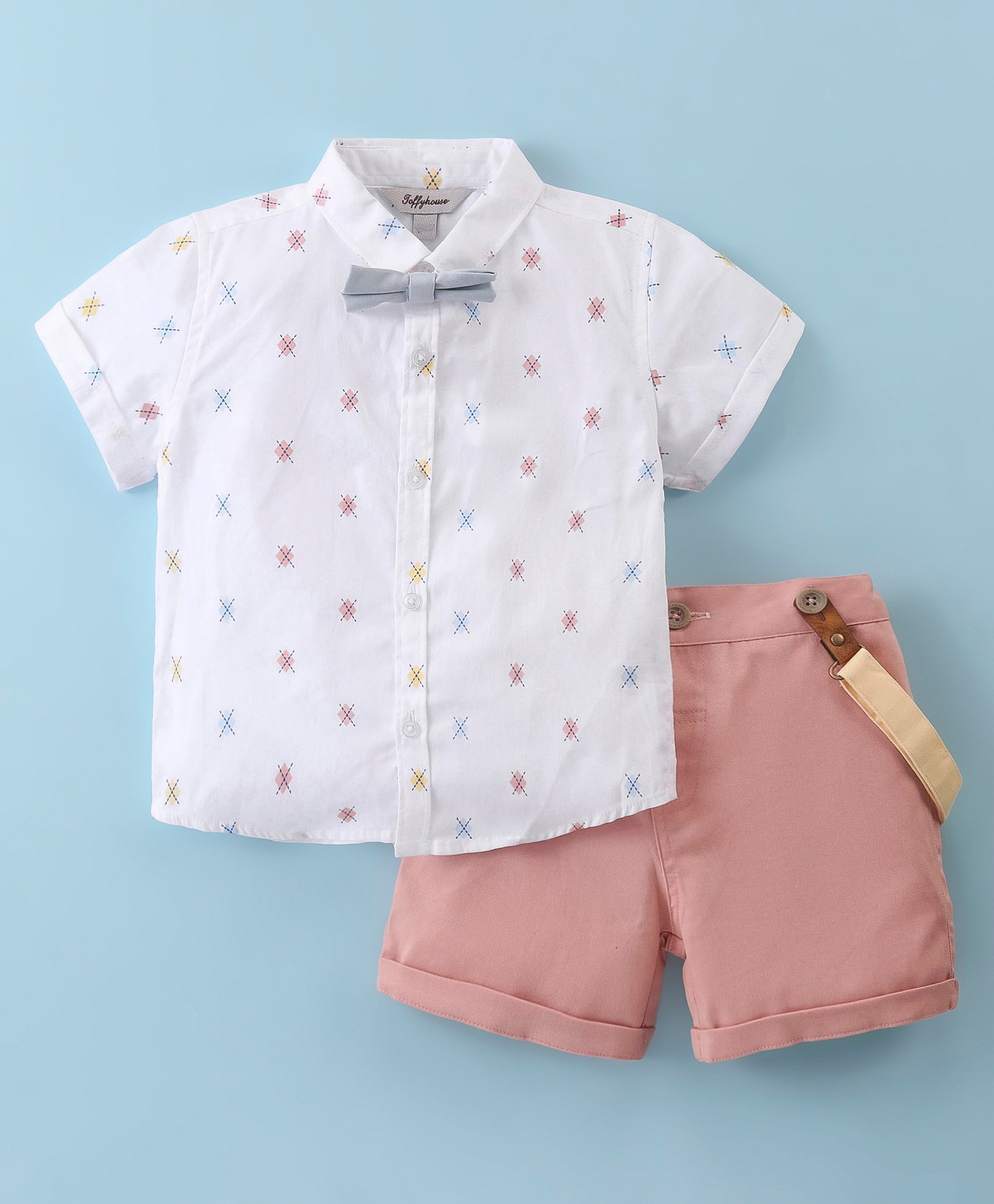 ToffyHouse Poplin Woven Half Sleeves Printed Shirt & Shorts Set with Suspender & Bow - Peach & White-picture-27