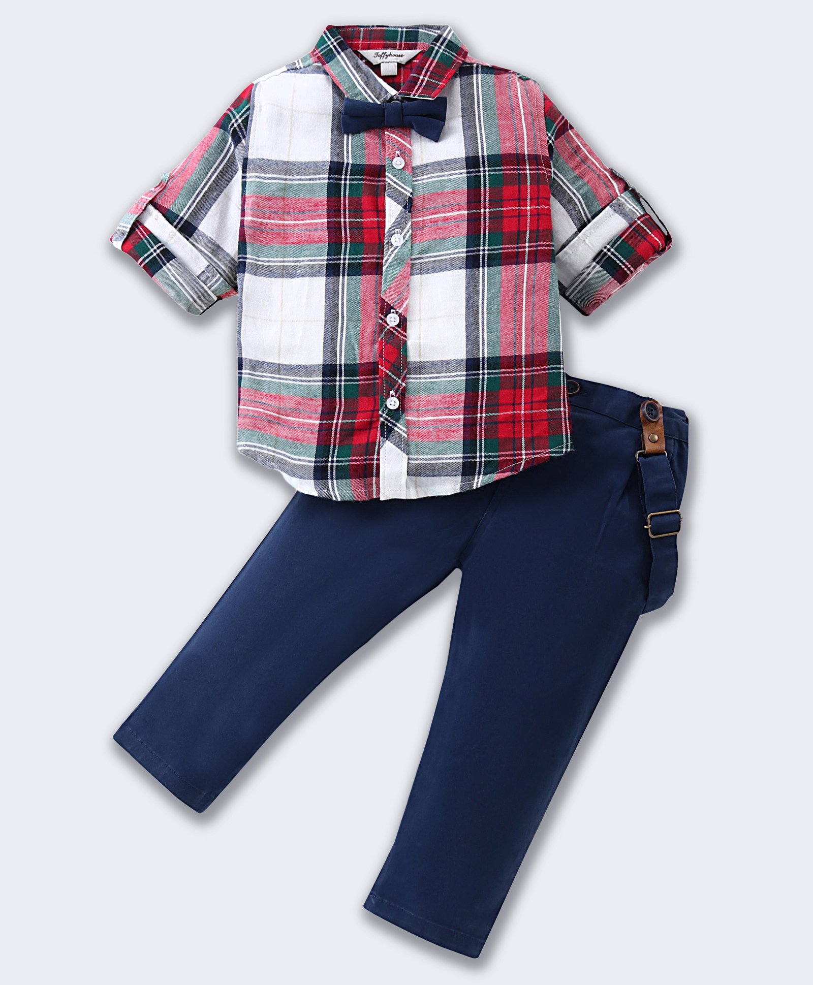 ToffyHouse Poplin Woven Full Sleeves Checkered Shirt & Trouser Set with Bow & Suspender - Navy Blue-image-31