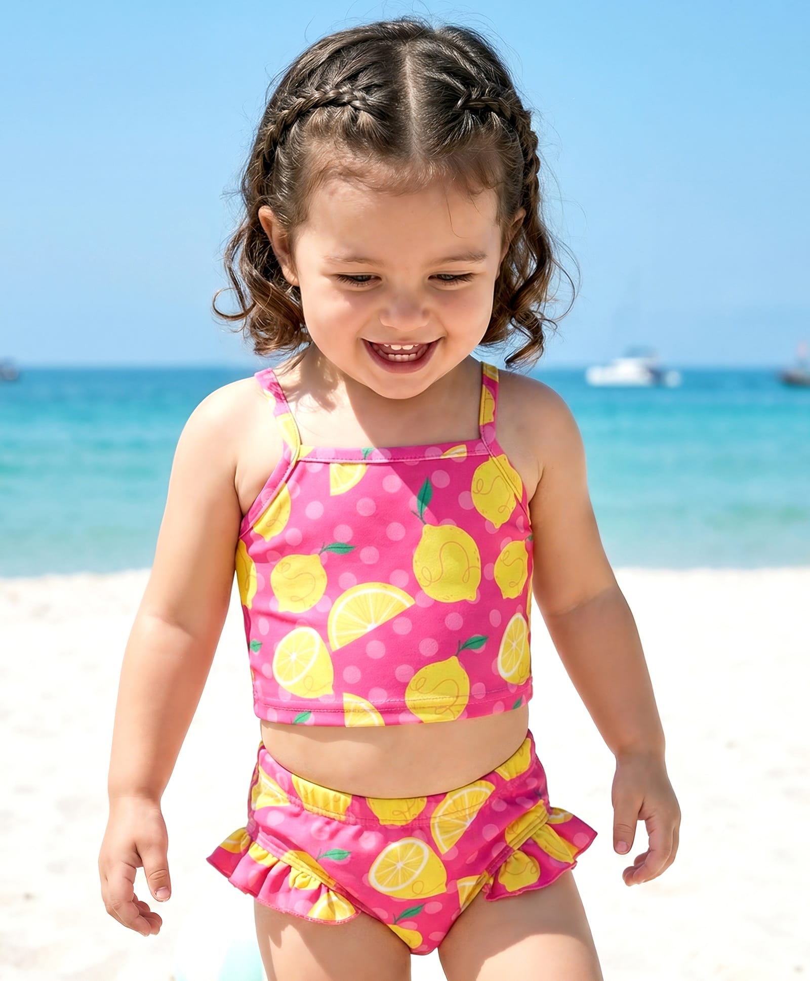 Babyhug Water Repellant Super Stretch  Sleeveless Two Piece Swimsuit Lemon Print -  Pink-image-20