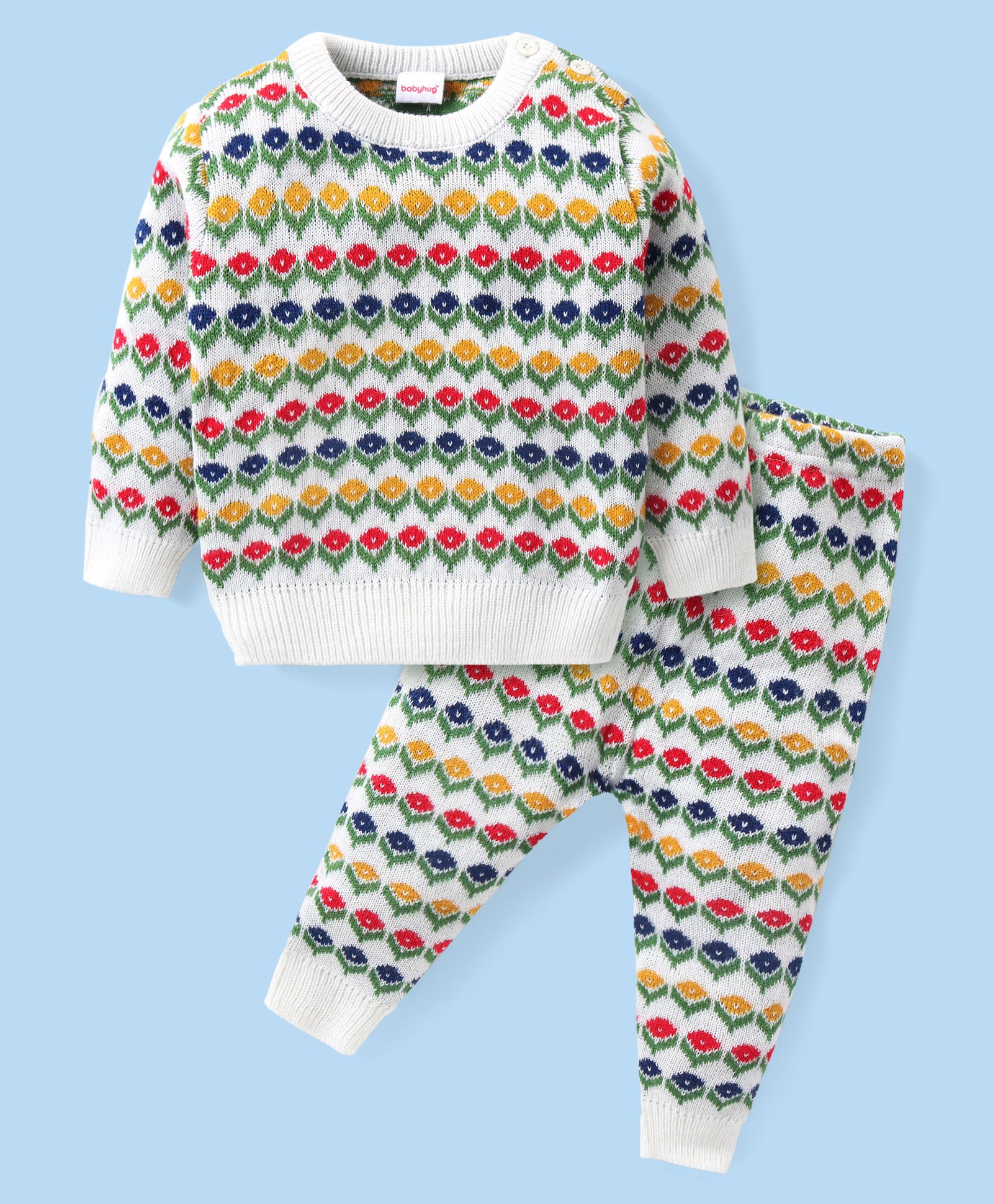 Babyhug Knitted Full Sleeves Pullover Sweater & Pant Set with Floral Design - Multicolor