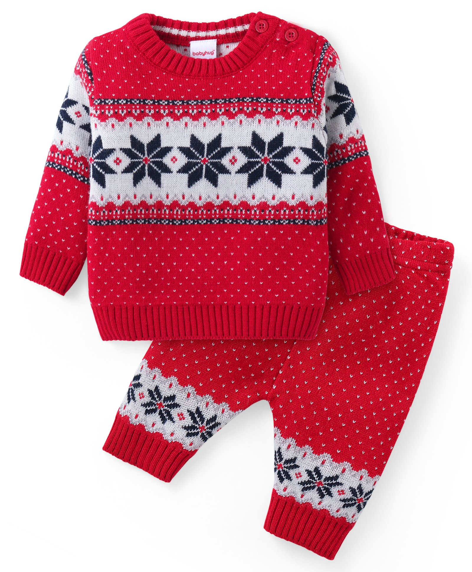Babyhug Knitted Full Sleeves Sweater Set with Floral Design - Red-picture-12