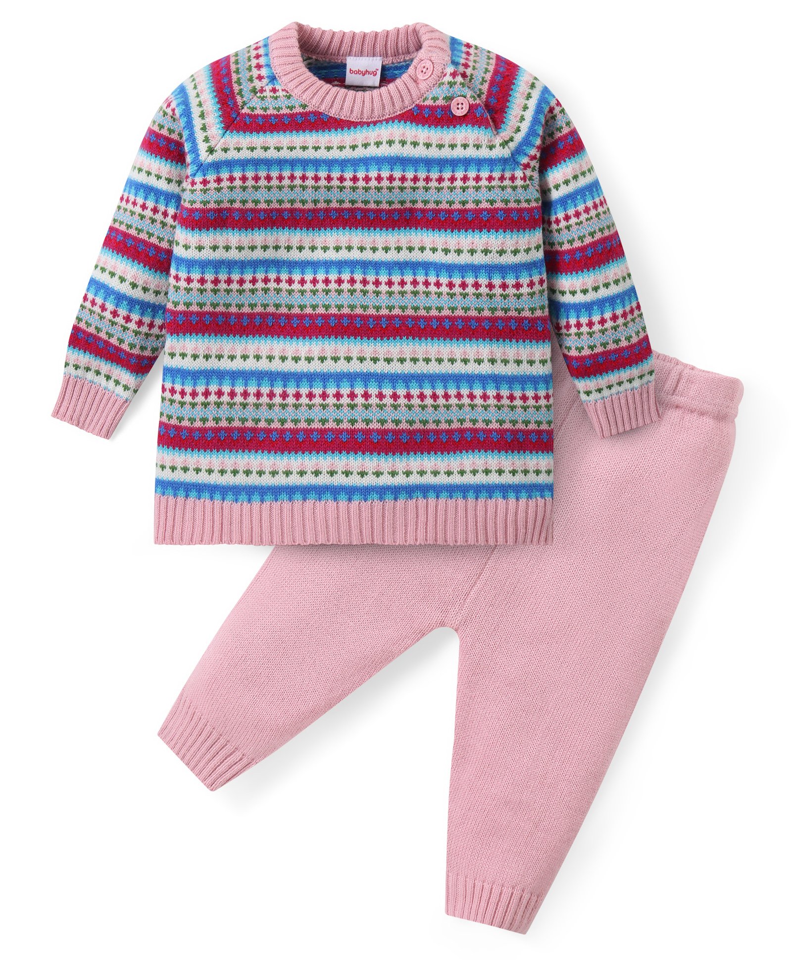 Babyhug Knitted Full Sleeves Pullover Sweater & Pant Set With Stripes Design - Pink-image-35