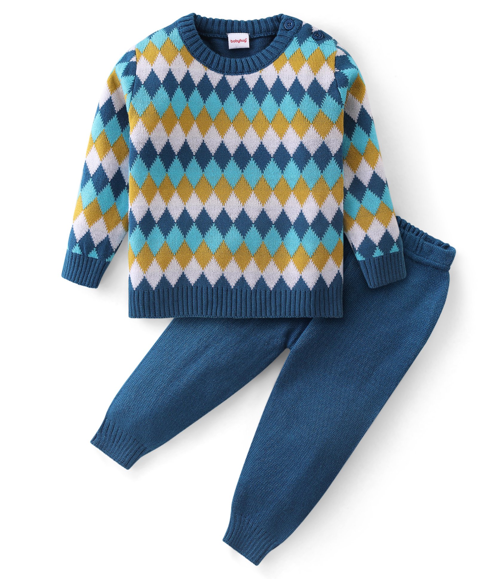 Babyhug Knit Full Sleeves Pullover Sweater & Pant Set Argyle Design - Multicolor-picture-19