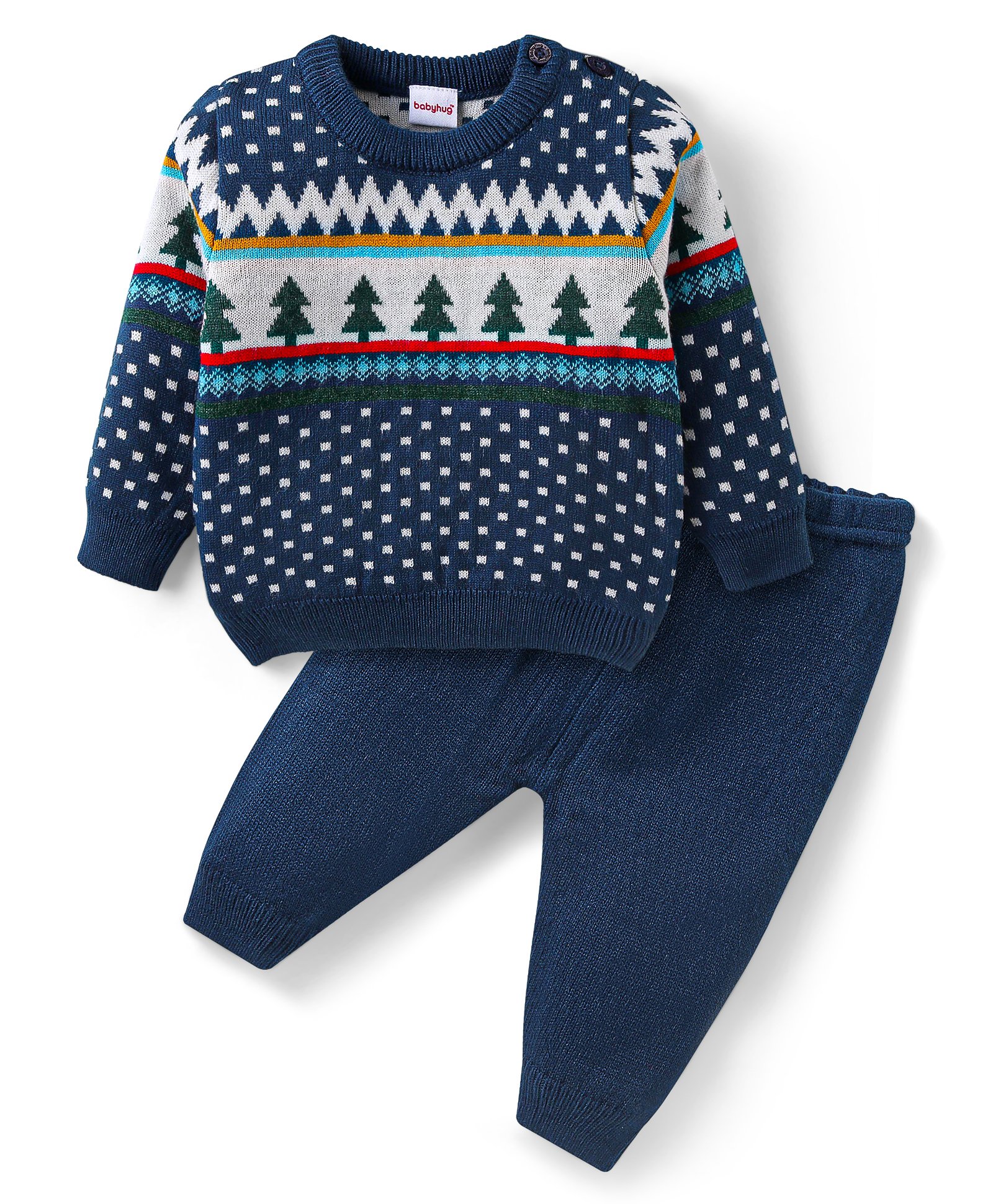 Babyhug Knitted Full Sleeves Pullover Sweater & Pant Set with Christmas Theme Design  - Navy Blue