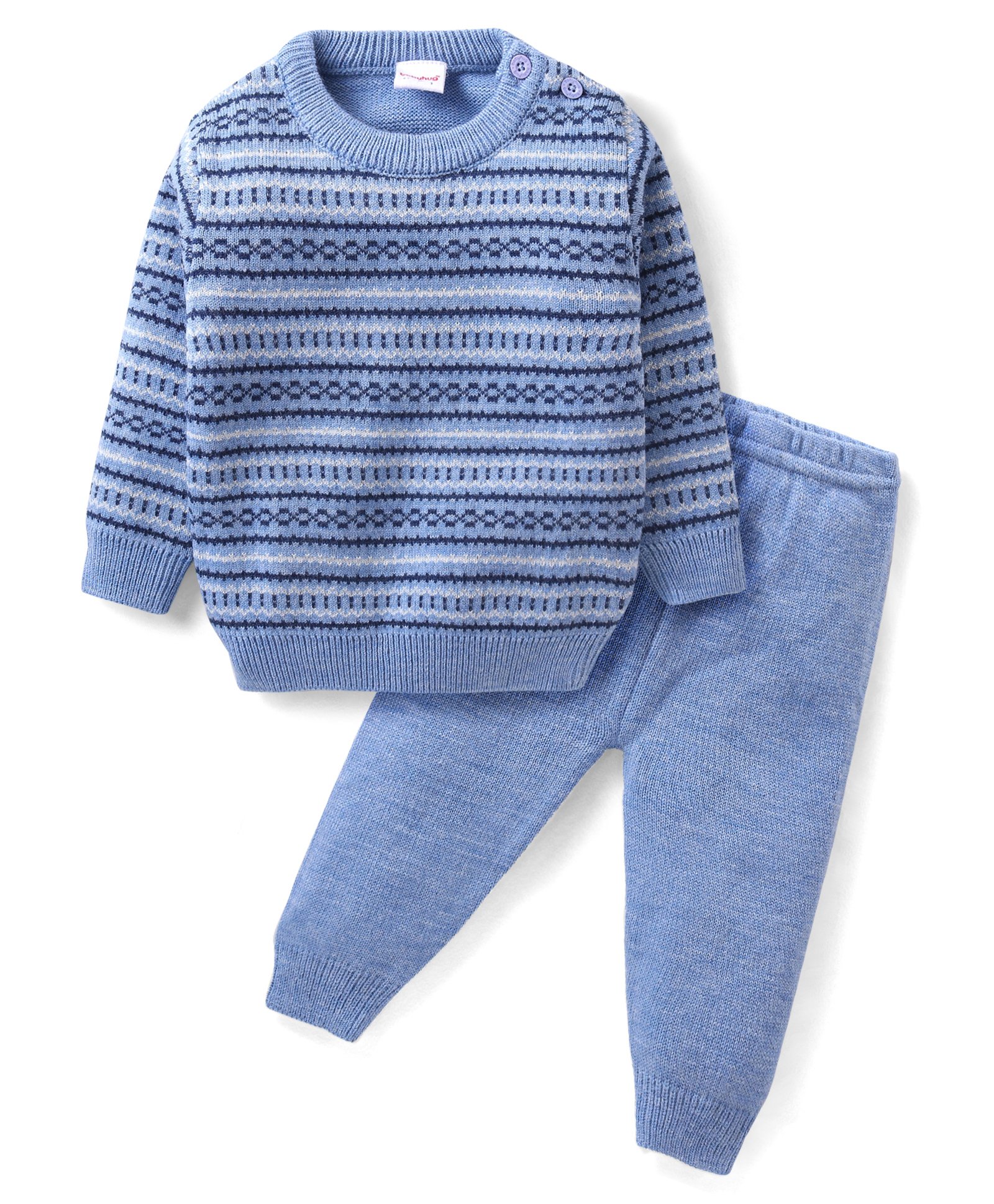 Babyhug Knit Full Sleeves Pullover Sweater & Pant Set Stripe Design - Blue