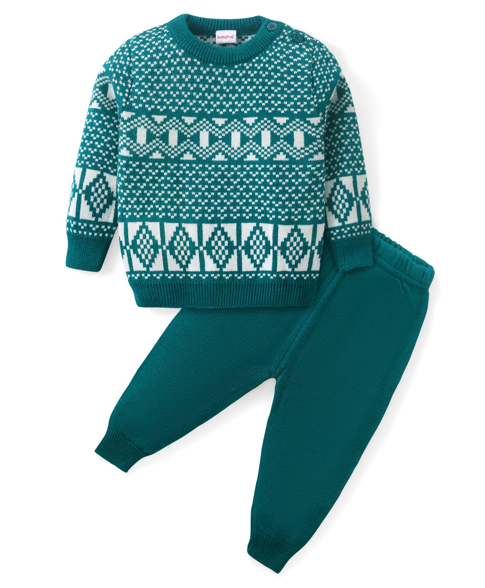 Babyhug Knitted Full Sleeves Pullover Sweater Set with Aztec Design  - Green-image-25