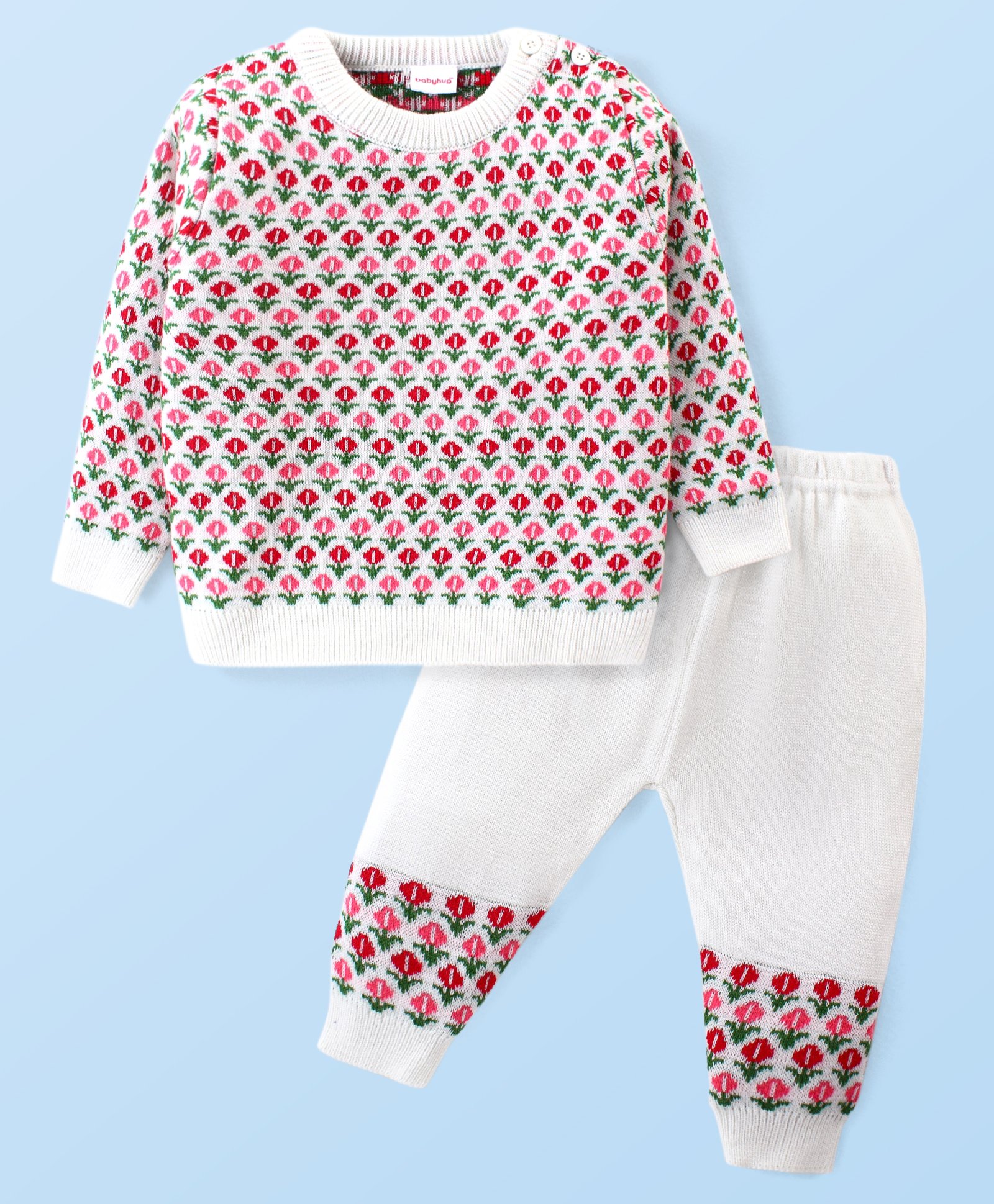 Babyhug Knitted Full Sleeves Pullover Sweater Set With Floral Design - Pink-picture-15