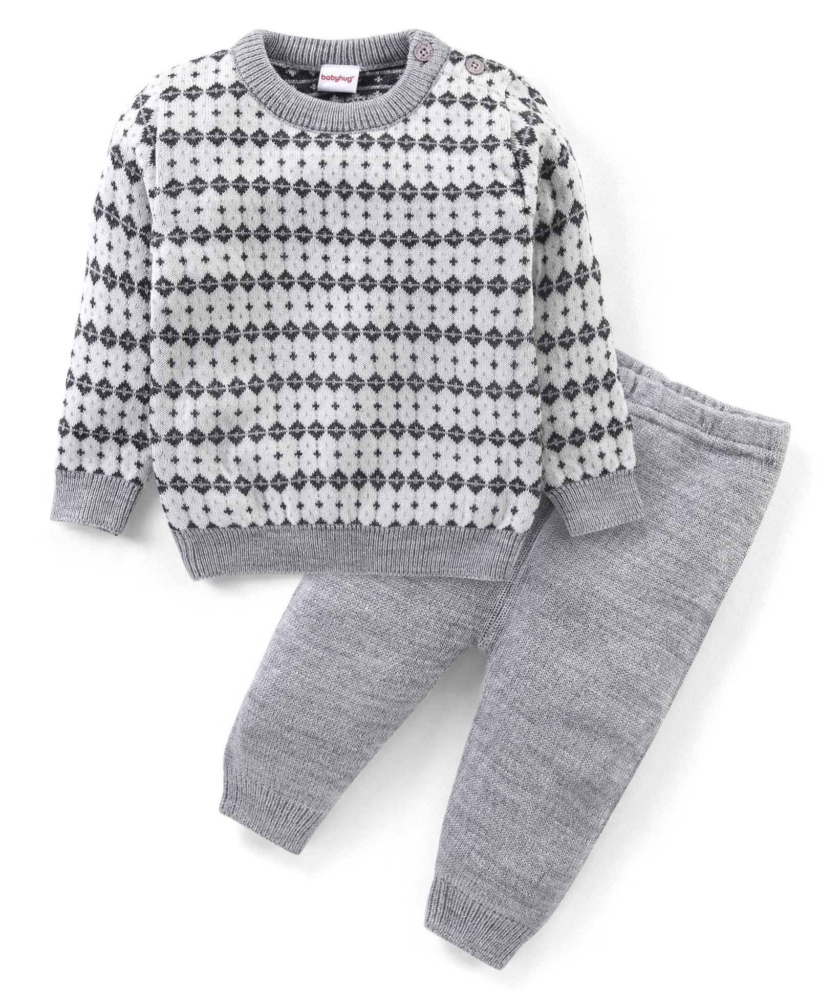 Babyhug Knitted Full Sleeves Pullover Sweater & Pant Set with Aztec Design - Grey-picture-27