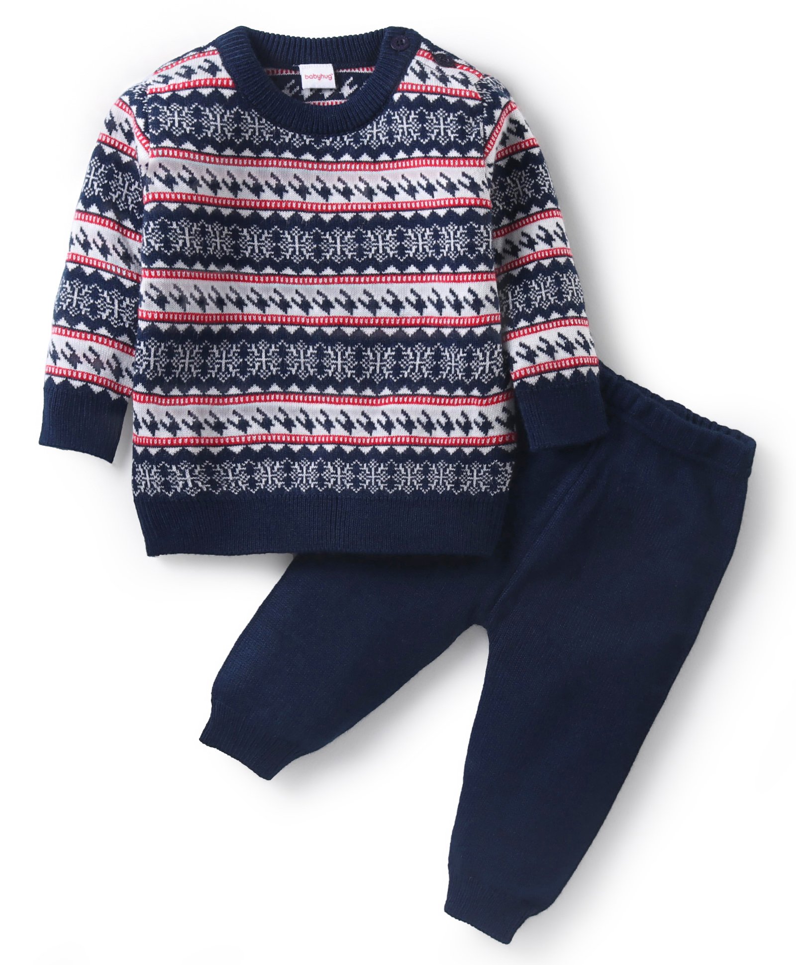 Babyhug Knit Full Sleeves Pullover Sweater & Pant Set Intarsia Design - Navy Blue
