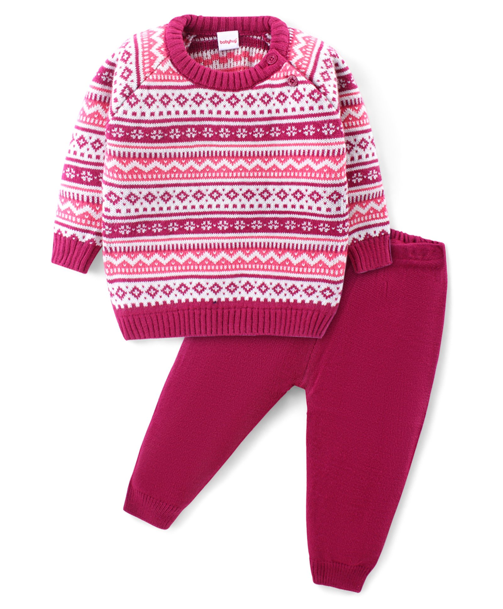 Babyhug Knitted Full Sleeves Pullover Sweater Set with Aztec Design - Pink-image-45