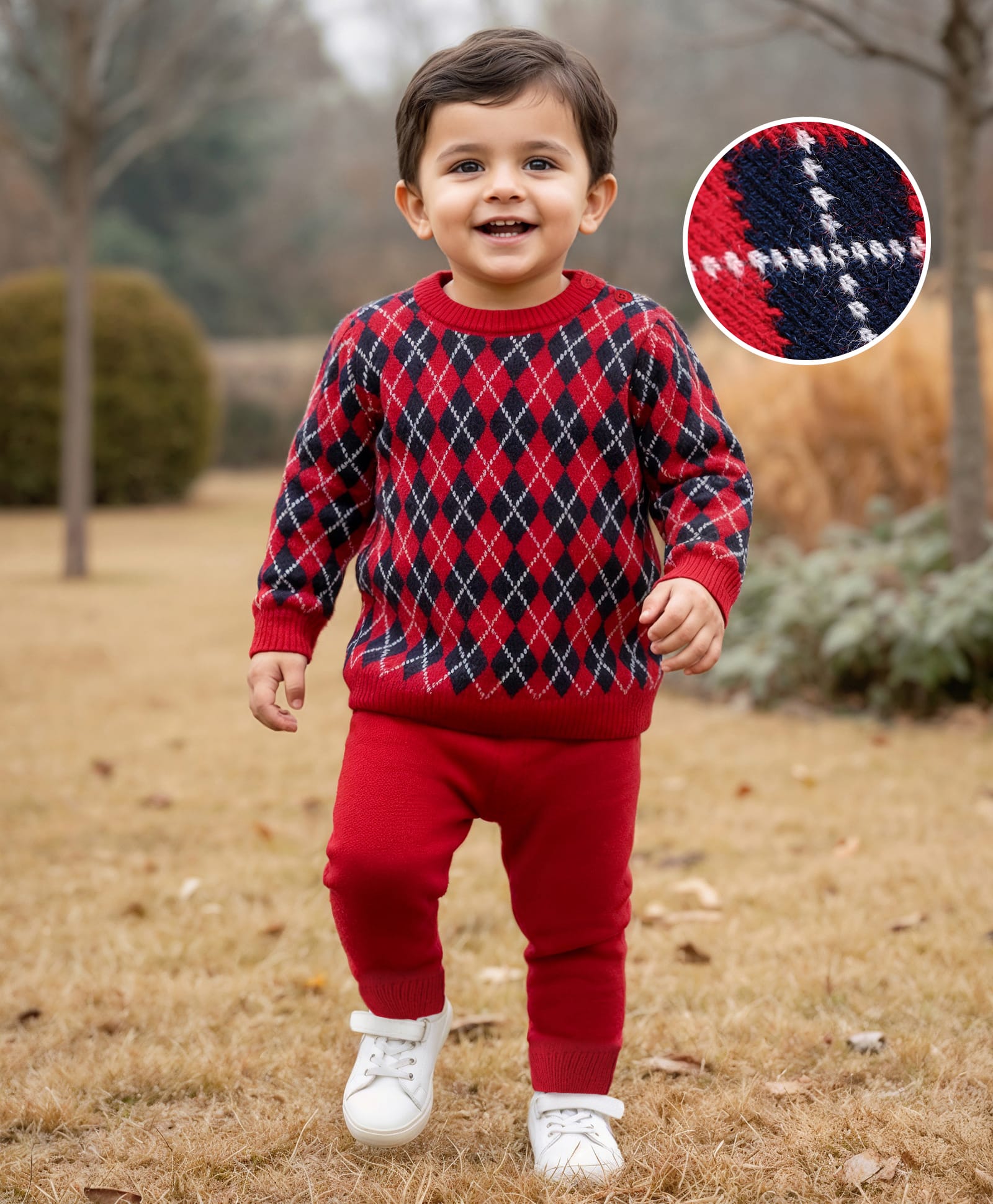 Babyhug Knit Full Sleeves Pullover Sweater & Pant Set  Argyle Design - Red-picture-11