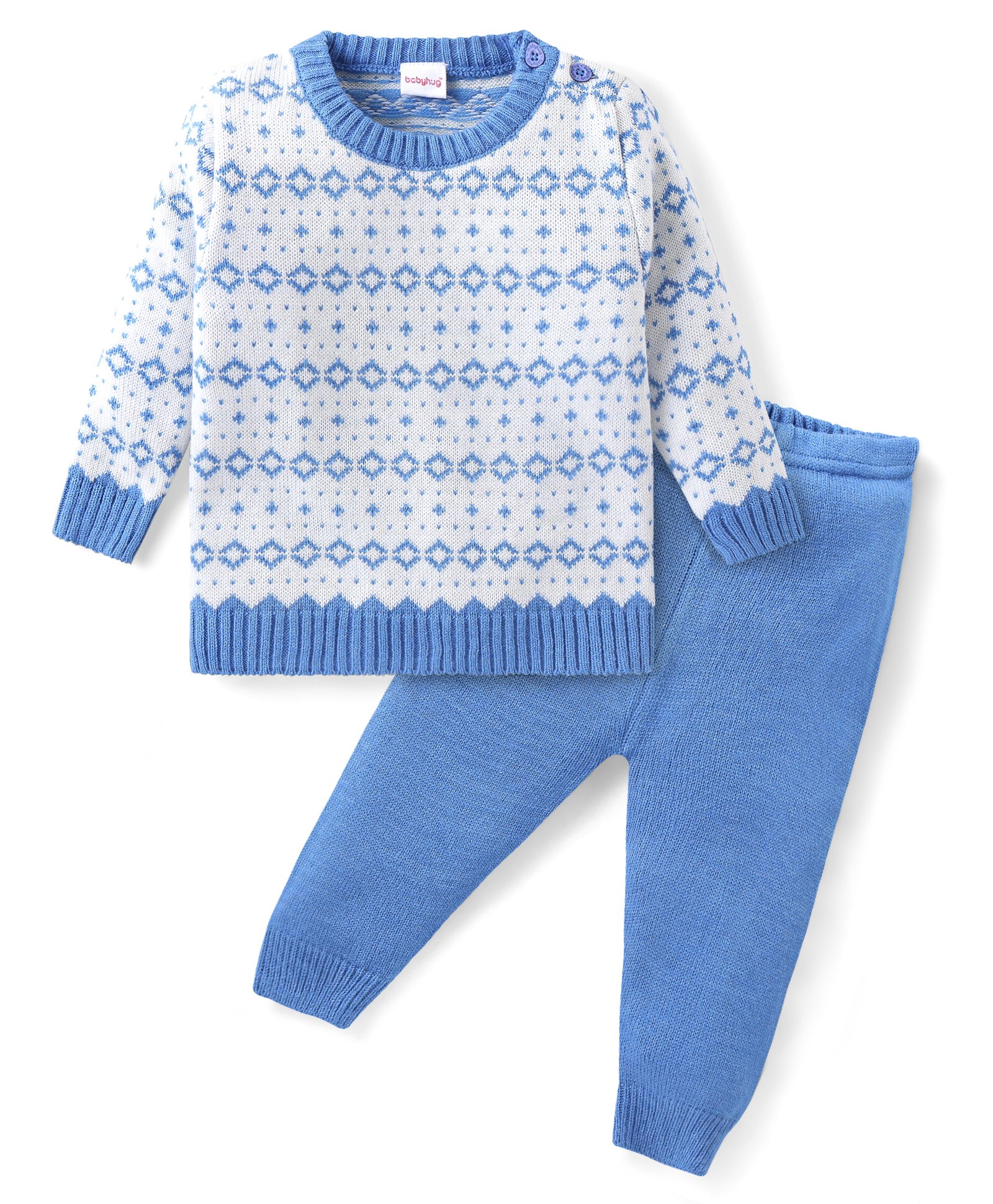 Babyhug Knitted Full Sleeves Pullover Sweater & Pant Set with Aztec Design - Blue-image-16